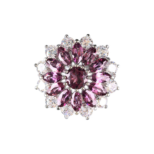 Romantic Rhodium Plated 925 Silver Jewelry Natural Pyrope Flower Ring