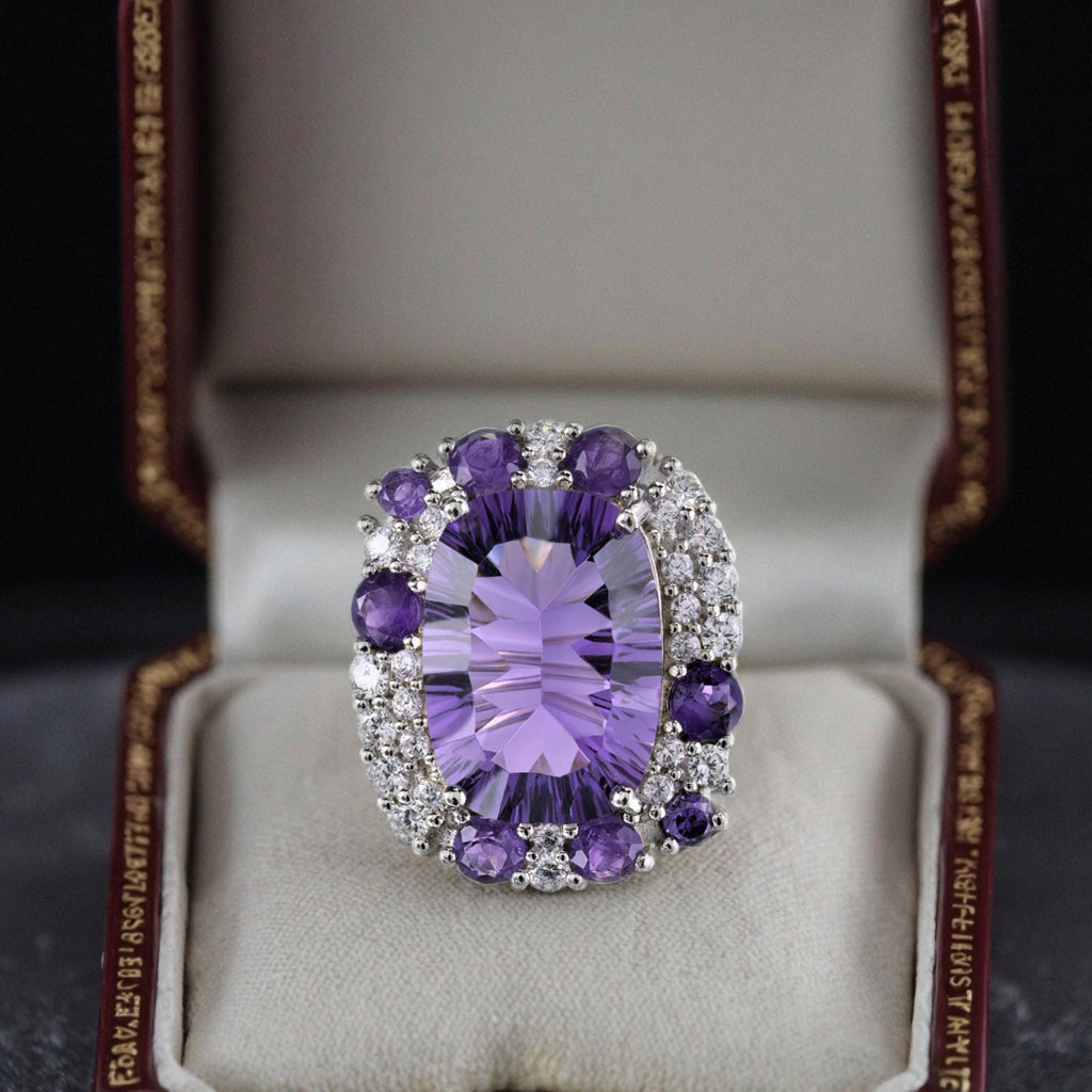 Noble Rhodium Plated 925 Sterling Silver Natural Amethyst Ring