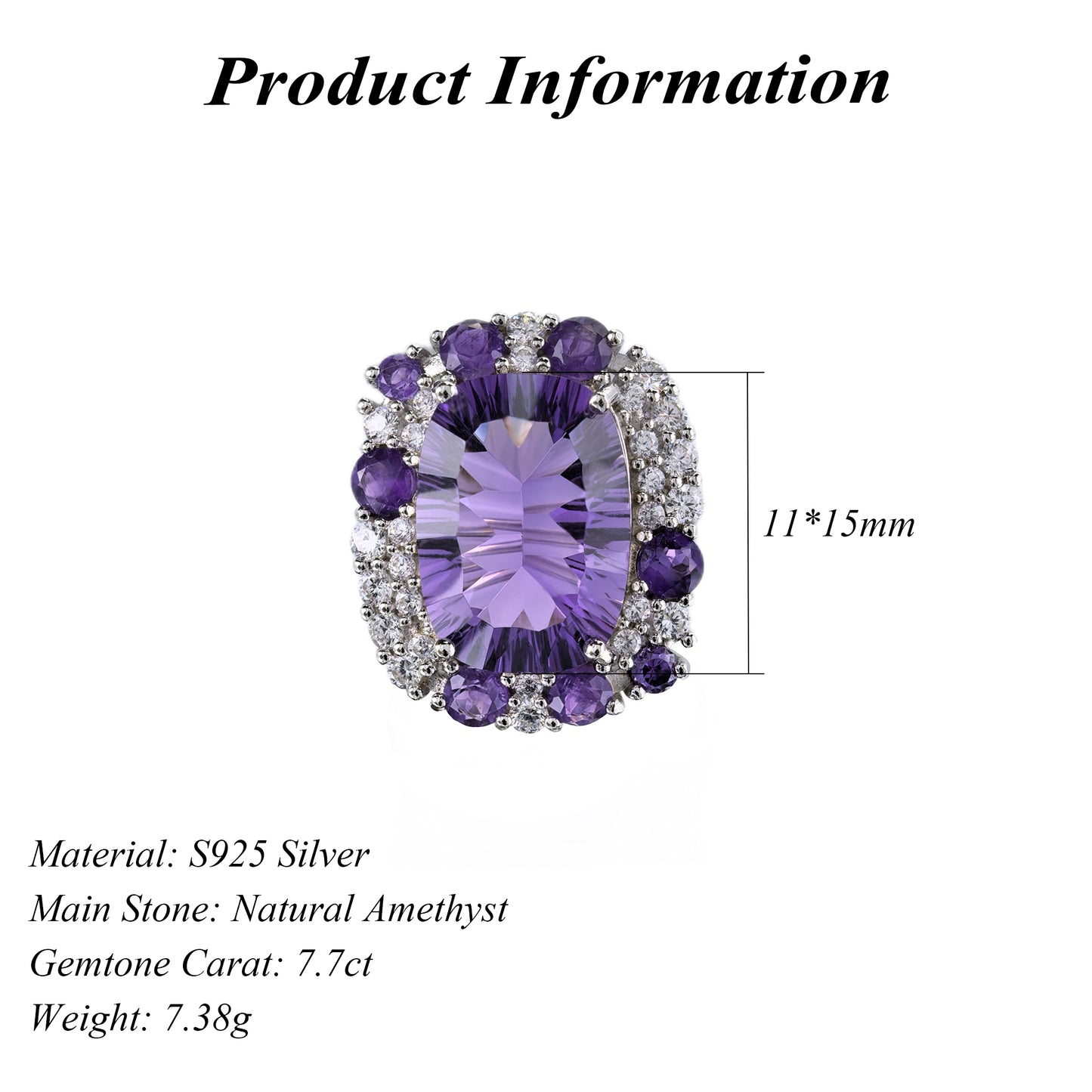 Noble Rhodium Plated 925 Sterling Silver Natural Amethyst Ring