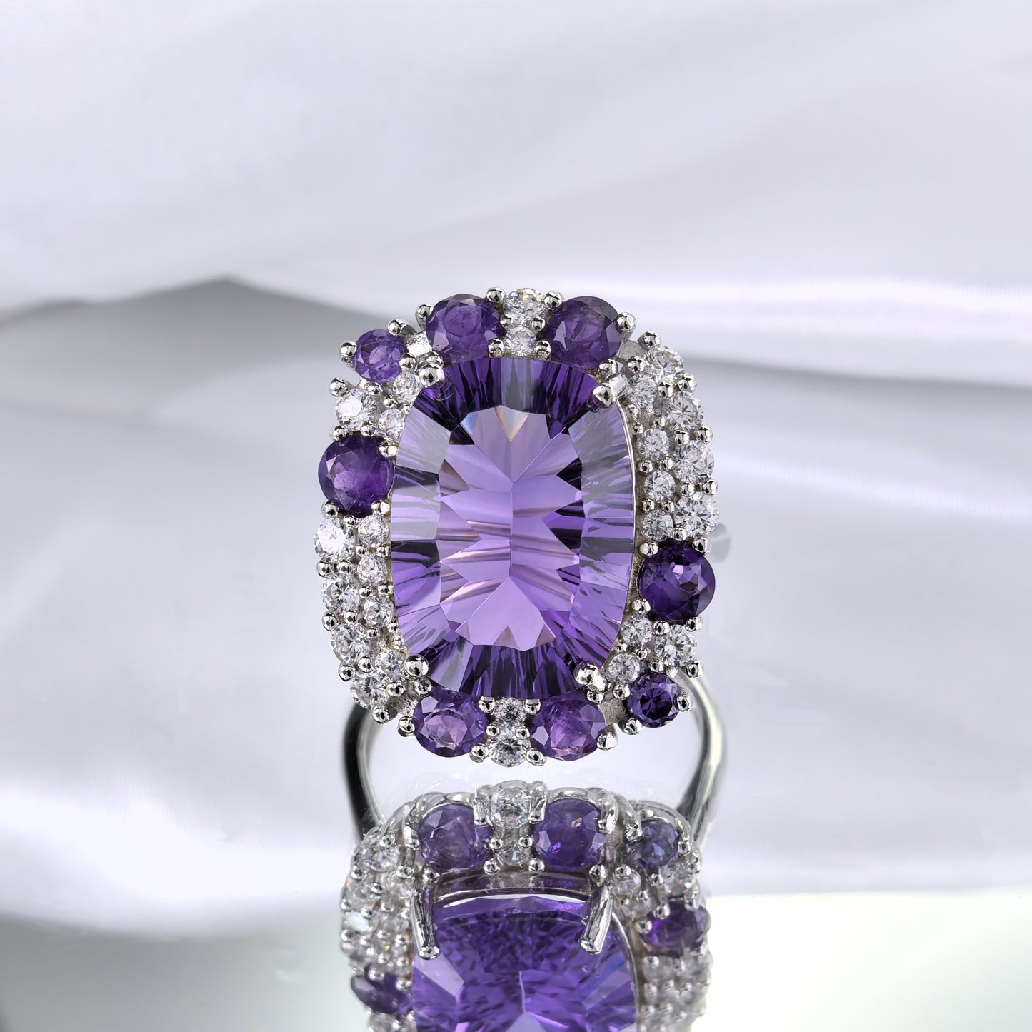 Noble Rhodium Plated 925 Sterling Silver Natural Amethyst Ring