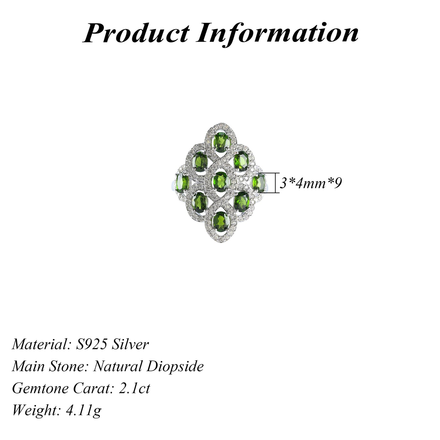 Sparkling Rhodium Plated Silver 925 Jewelry Natural Diopside Ring