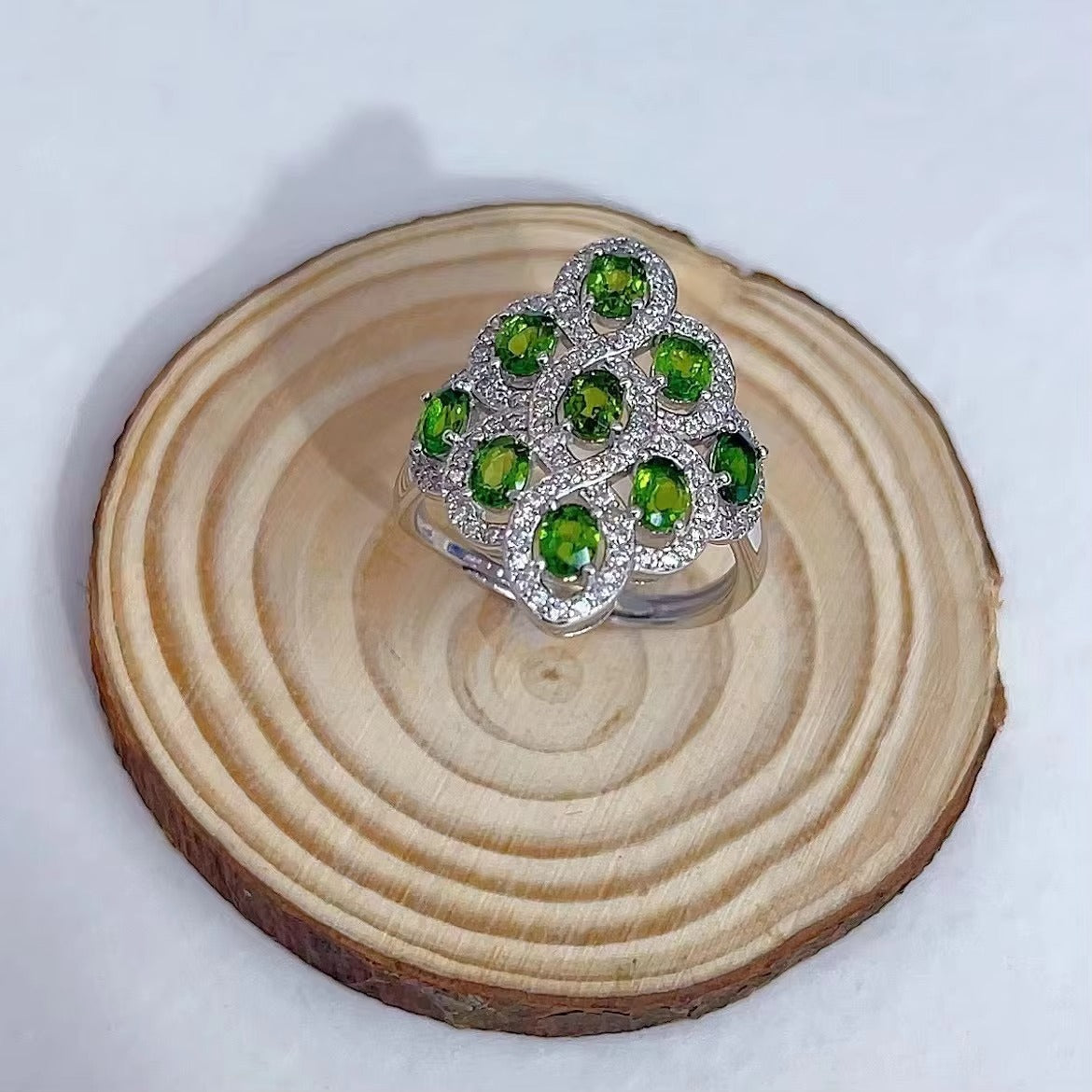 Sparkling Rhodium Plated Silver 925 Jewelry Natural Diopside Ring
