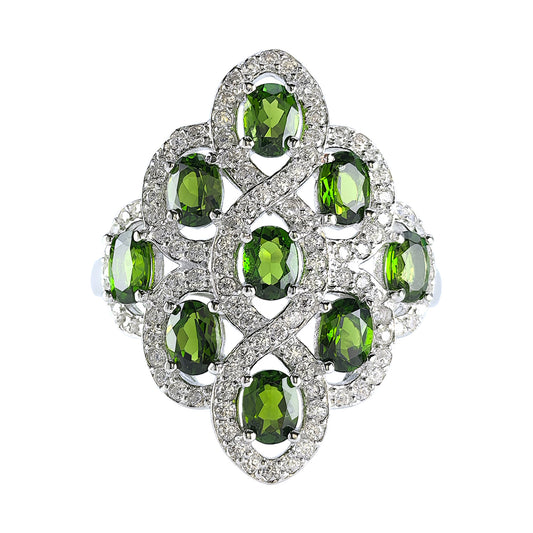 Sparkling Rhodium Plated Silver 925 Jewelry Natural Diopside Ring