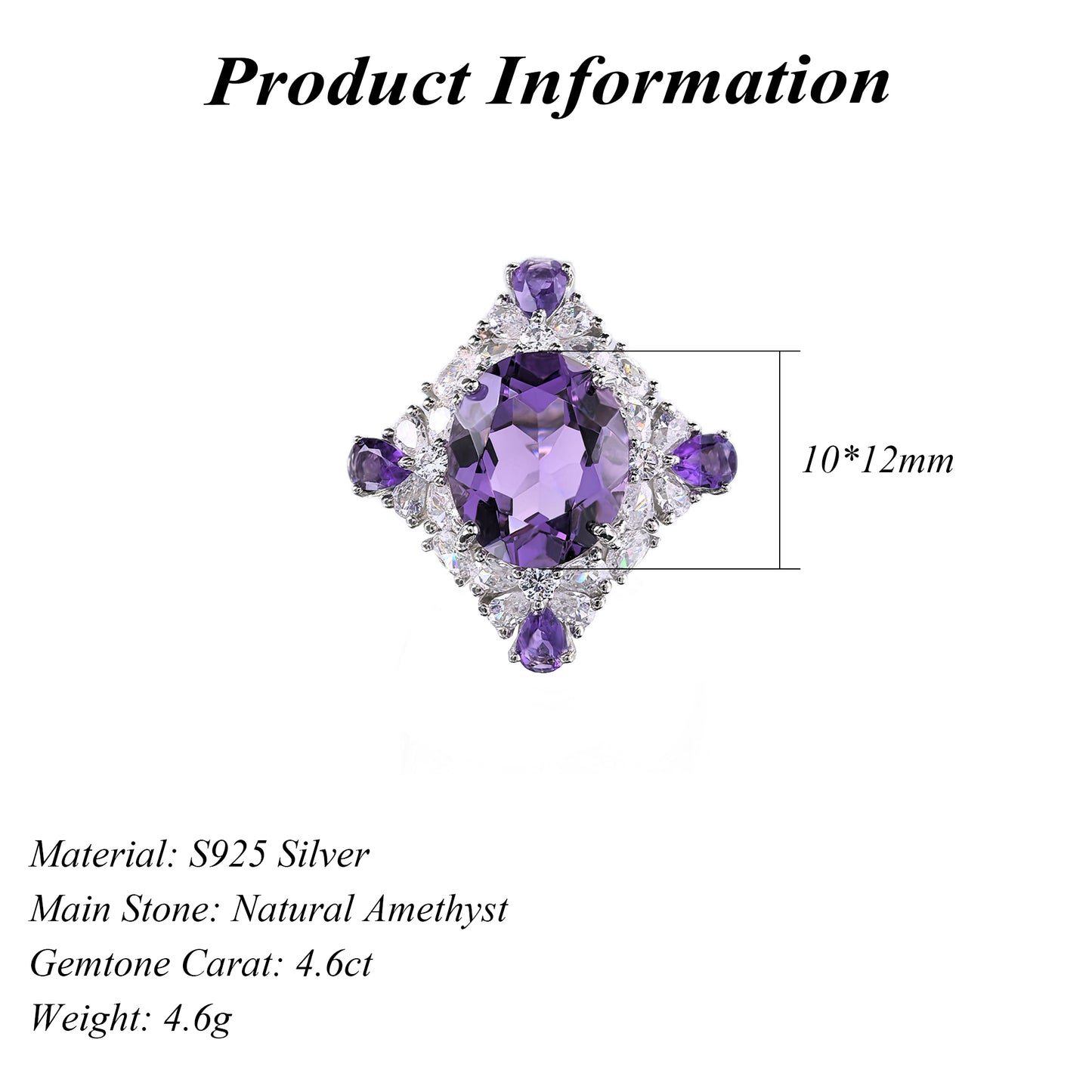 925 Silver Jewelry Sparkling Rhodium Plating Oval Cut Natural Amethyst Gemstone Ring