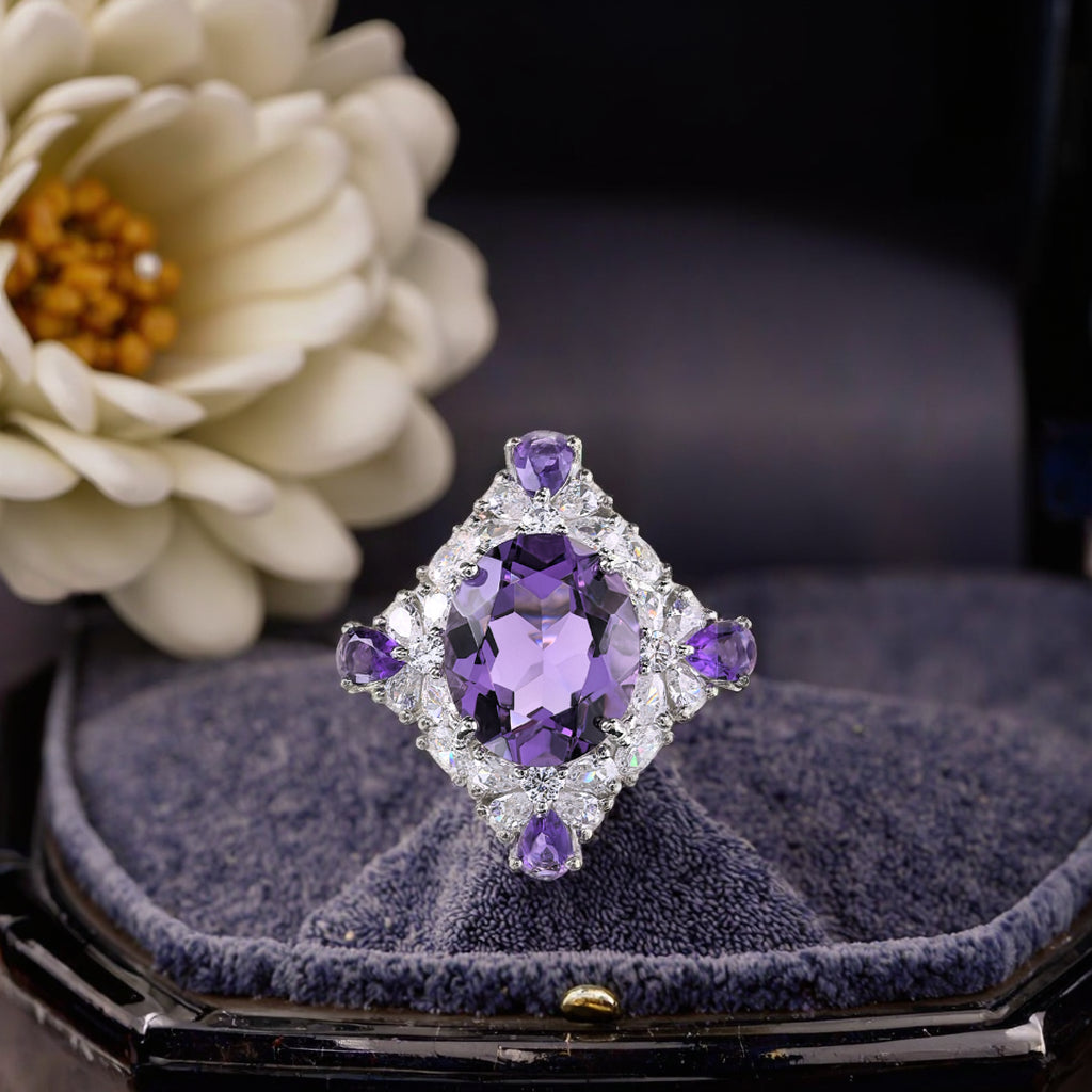 925 Silver Jewelry Sparkling Rhodium Plating Oval Cut Natural Amethyst Gemstone Ring