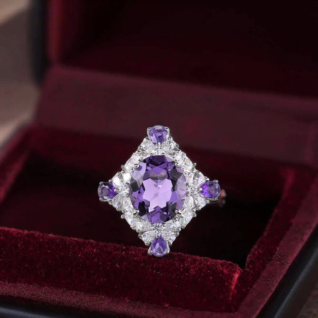 925 Silver Jewelry Sparkling Rhodium Plating Oval Cut Natural Amethyst Gemstone Ring