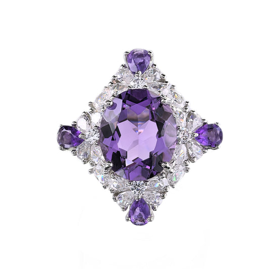 925 Silver Jewelry Sparkling Rhodium Plating Adjustable Natural Amethyst Gemstone Ring Oval Cut Diamond for Weddings Parties