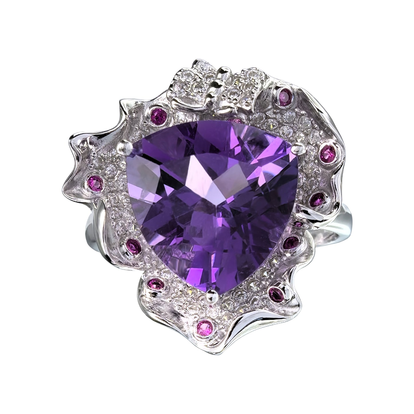 Graceful Rhodium Plated 925 Sterling Silver Natural Amethyst Flower Jewelry Set