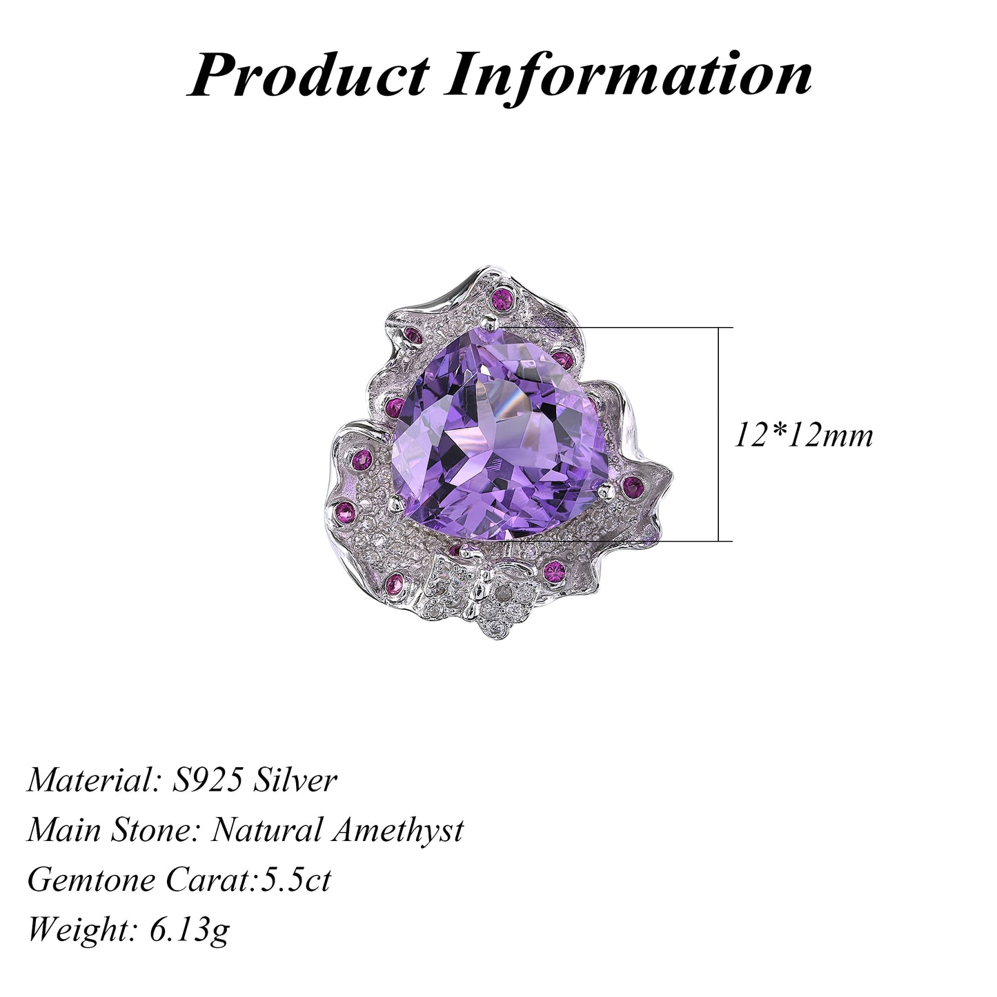 Exquisite Rhodium Plated 925 Silver Jewelry Natural Amethyst Flower Ring