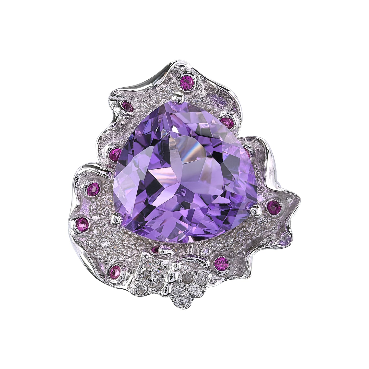 Exquisite Rhodium Plated 925 Silver Jewelry Natural Amethyst Flower Ring
