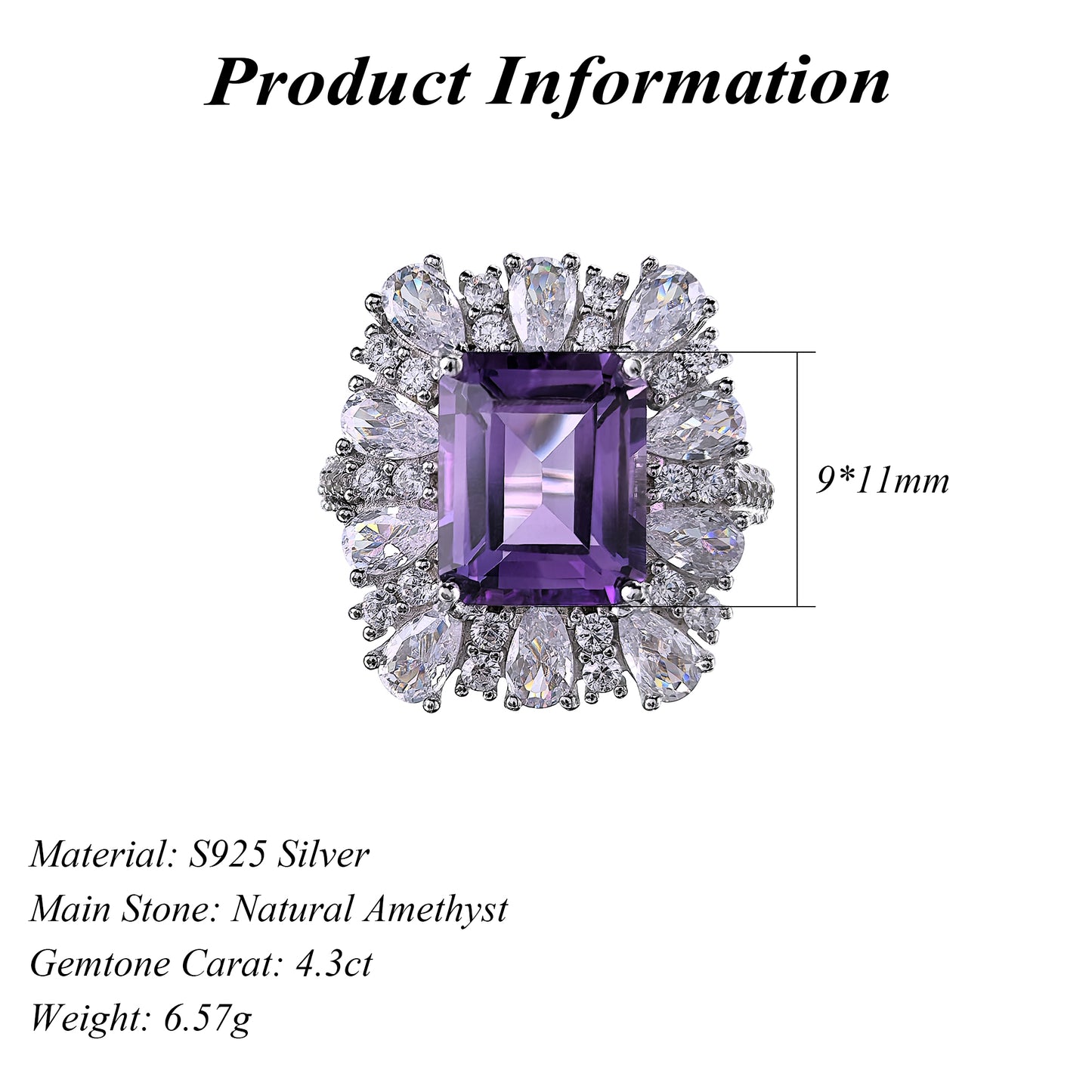 Sparkling Rhodium Plated Silver 925 Jewelry Natural Amethyst Ring Fine Jewelry