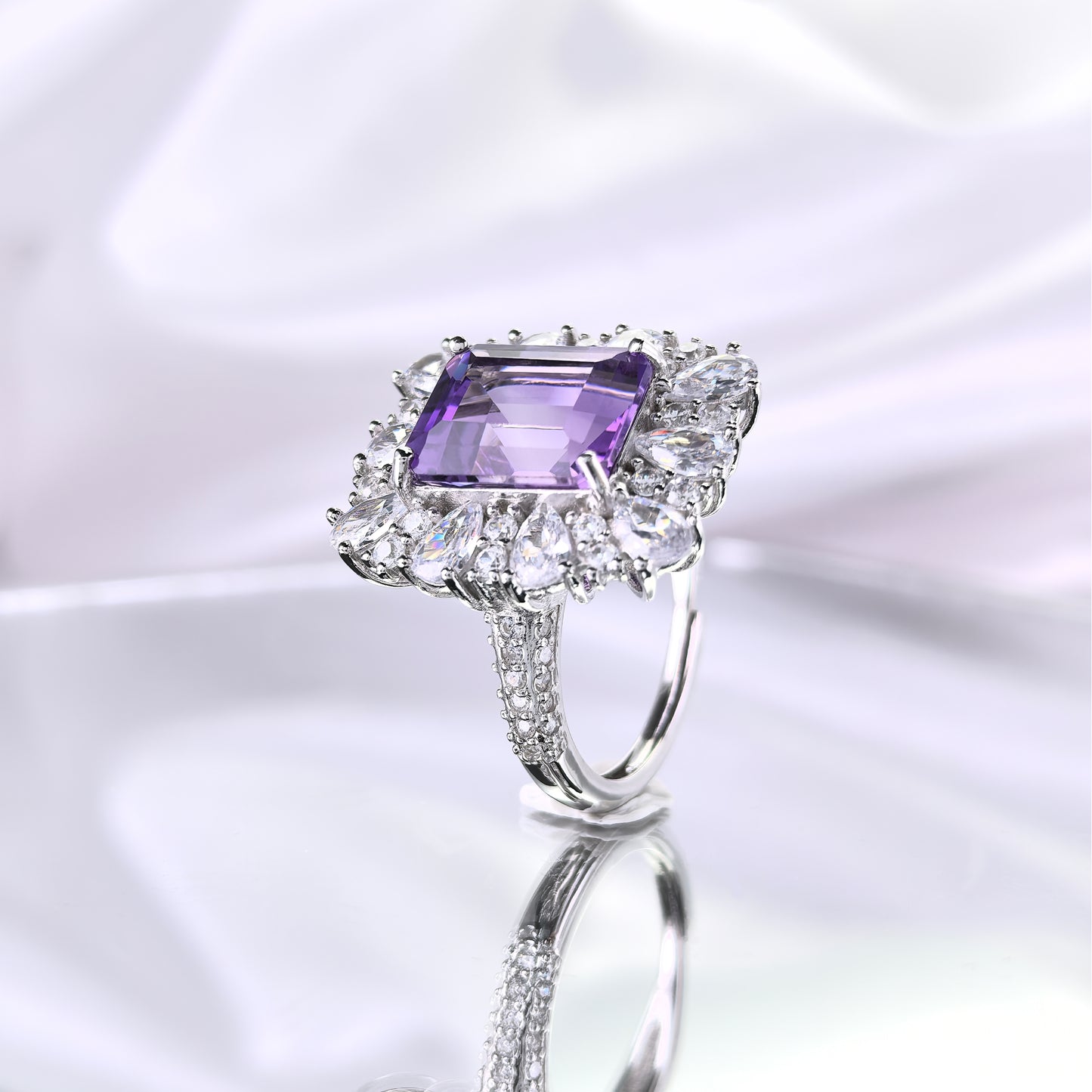 Sparkling Rhodium Plated Silver 925 Jewelry Natural Amethyst Ring Fine Jewelry
