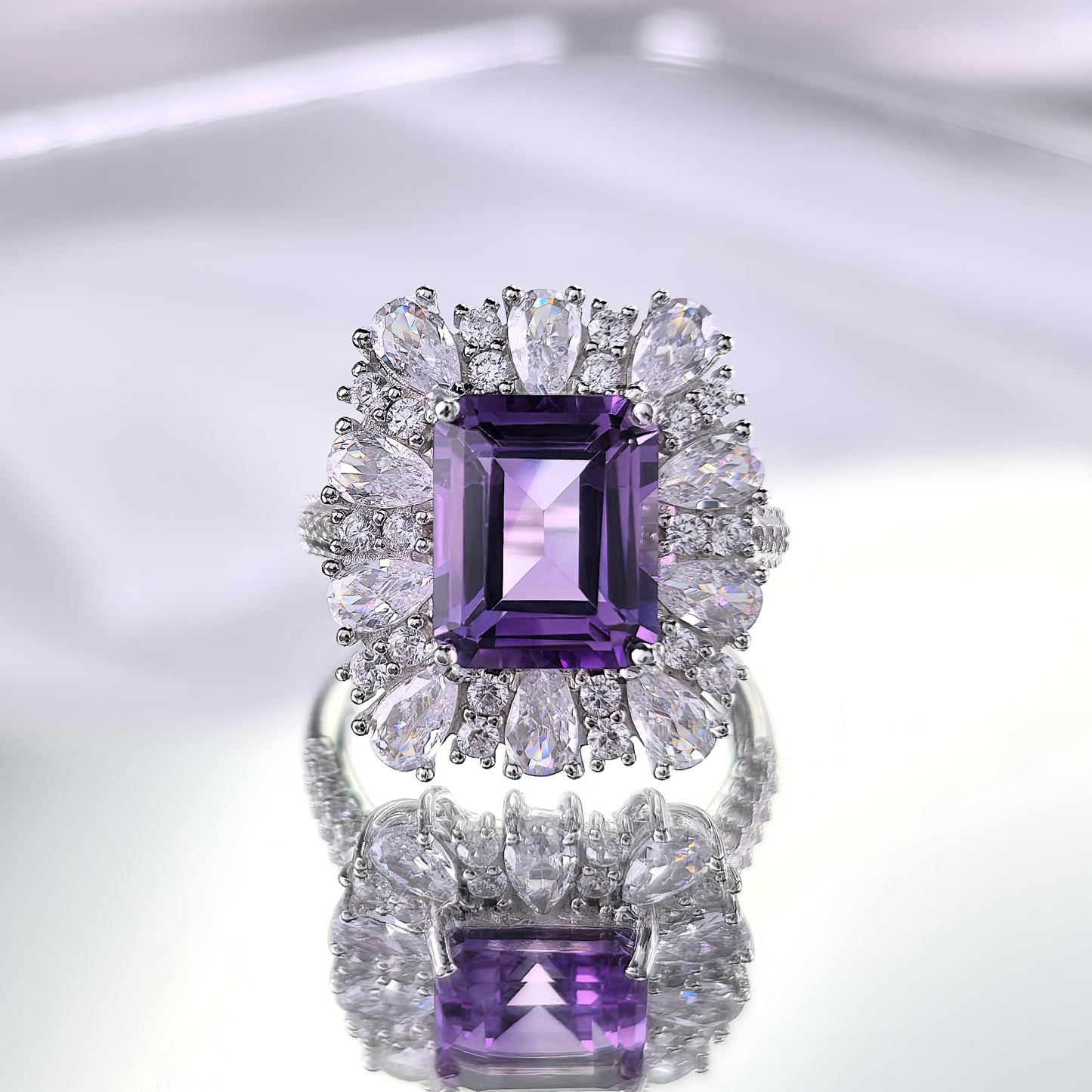 Sparkling Rhodium Plated Silver 925 Jewelry Natural Amethyst Ring Fine Jewelry