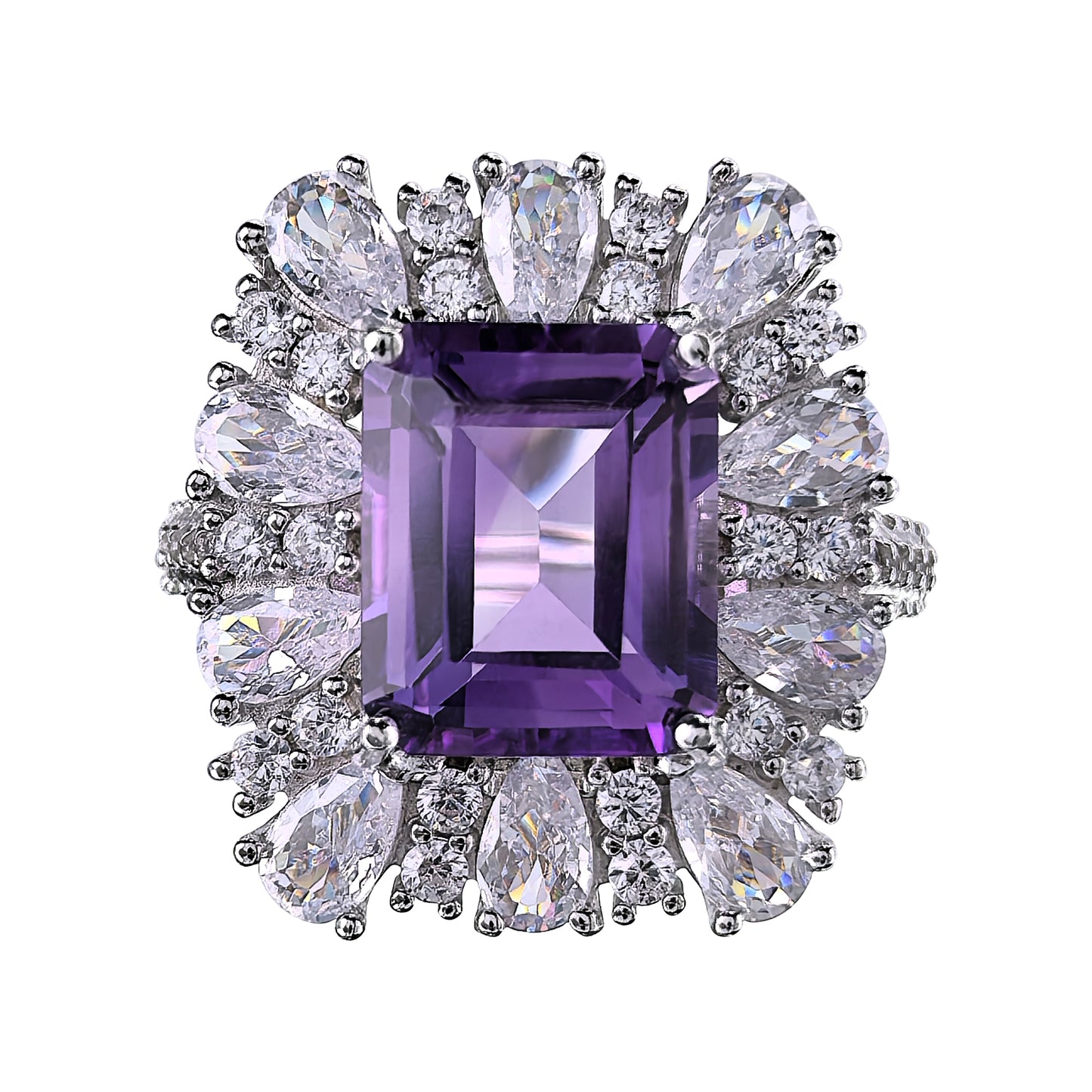 Sparkling Rhodium Plated Silver 925 Jewelry Natural Amethyst Ring Fine Jewelry