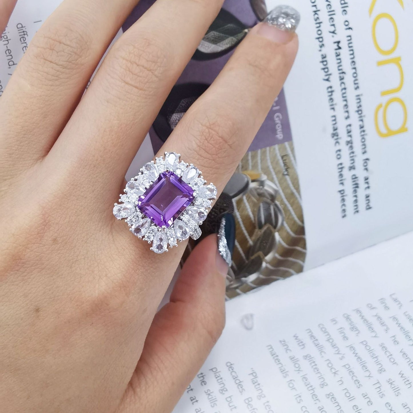 Sparkling Rhodium Plated Silver 925 Jewelry Natural Amethyst Ring Fine Jewelry