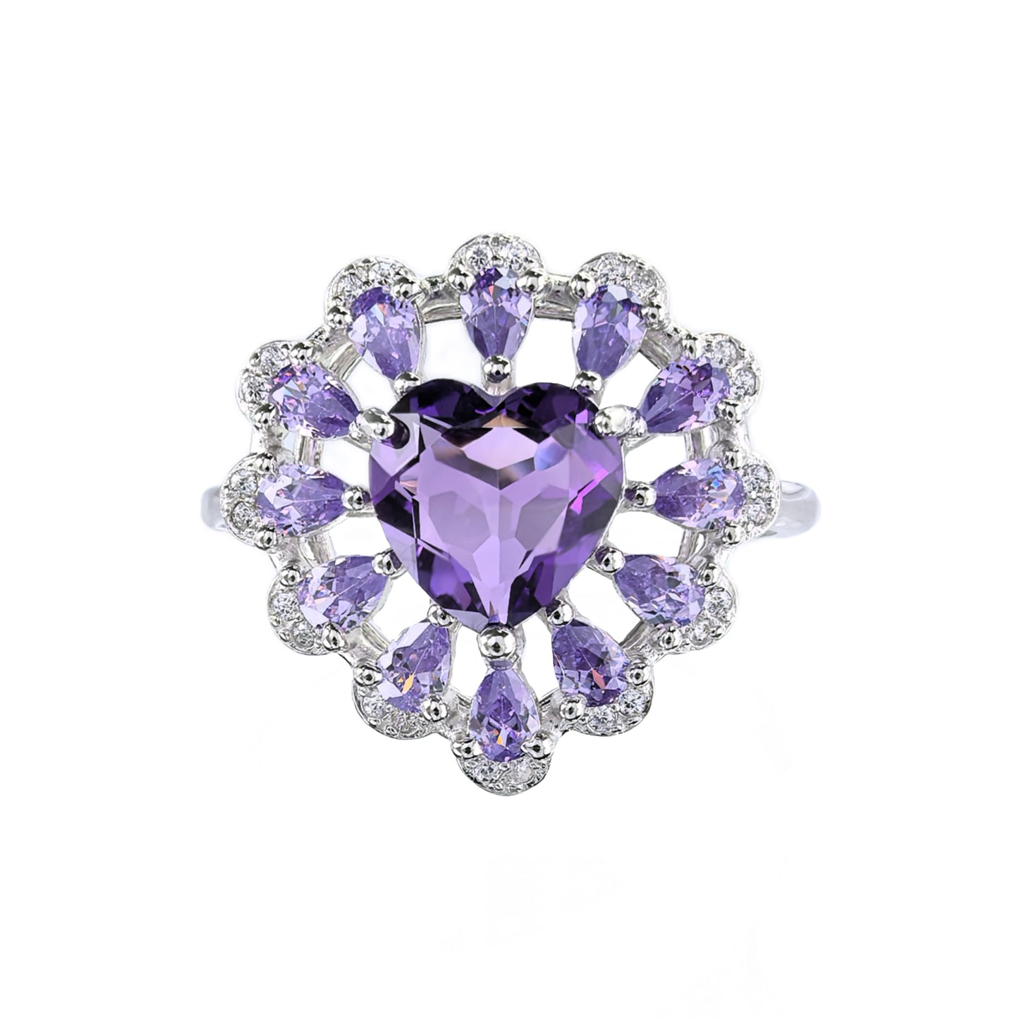 Elegant Rhodium Plated Plata 925 Jewelry Natural Amethyst Heart Ring