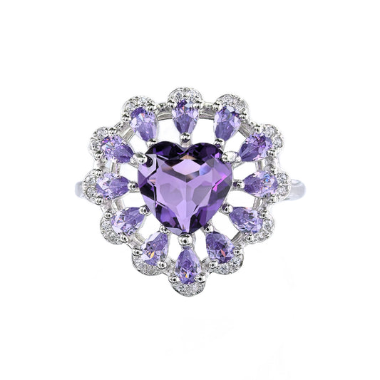 Elegant Rhodium Plated Plata 925 Jewelry Natural Amethyst Heart Ring