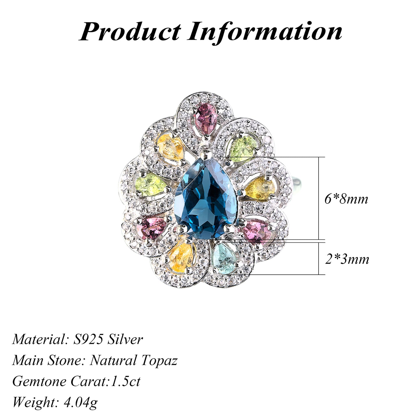 Rhodium Plated 925 Sterling Silver Natural London Blue Topaz Flower Ring