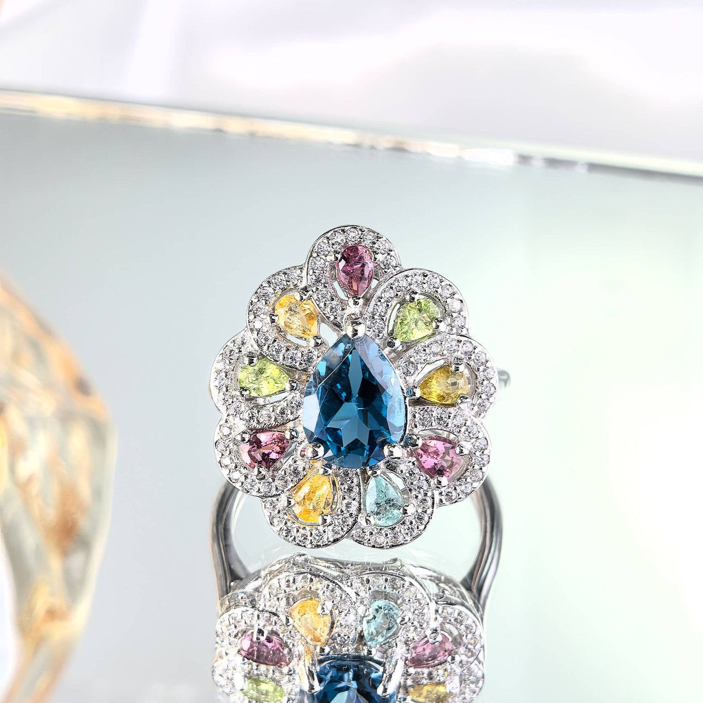 Rhodium Plated 925 Sterling Silver Natural London Blue Topaz Flower Ring