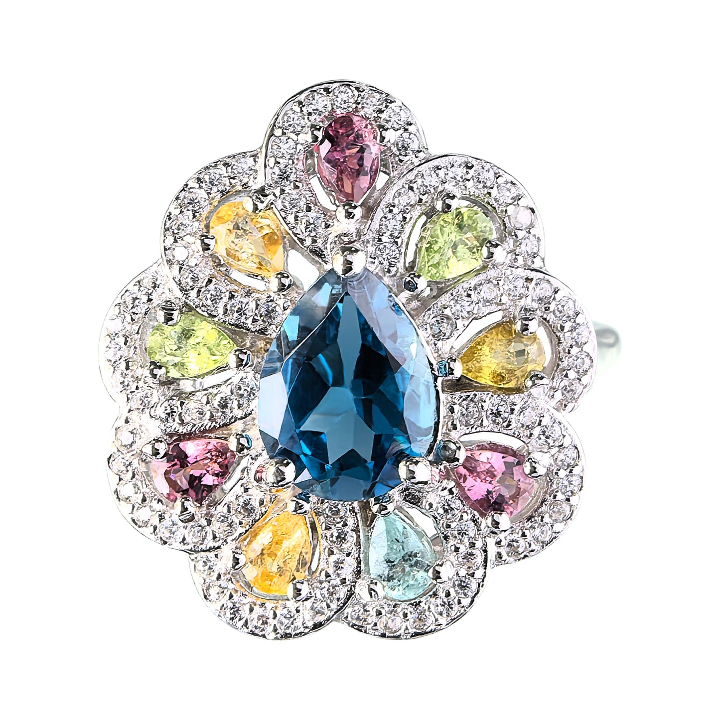 Rhodium Plated 925 Sterling Silver Natural London Blue Topaz Flower Ring