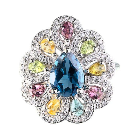 Rhodium Plated 925 Sterling Silver Natural London Blue Topaz Flower Ring
