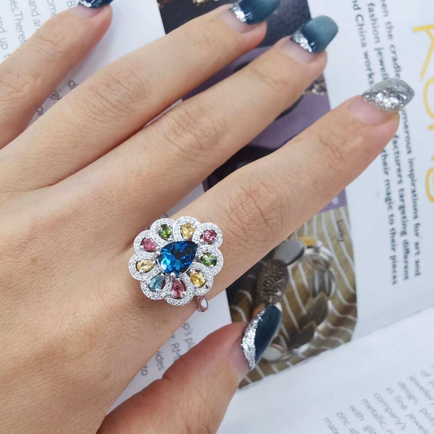 Rhodium Plated 925 Sterling Silver Natural London Blue Topaz Flower Ring