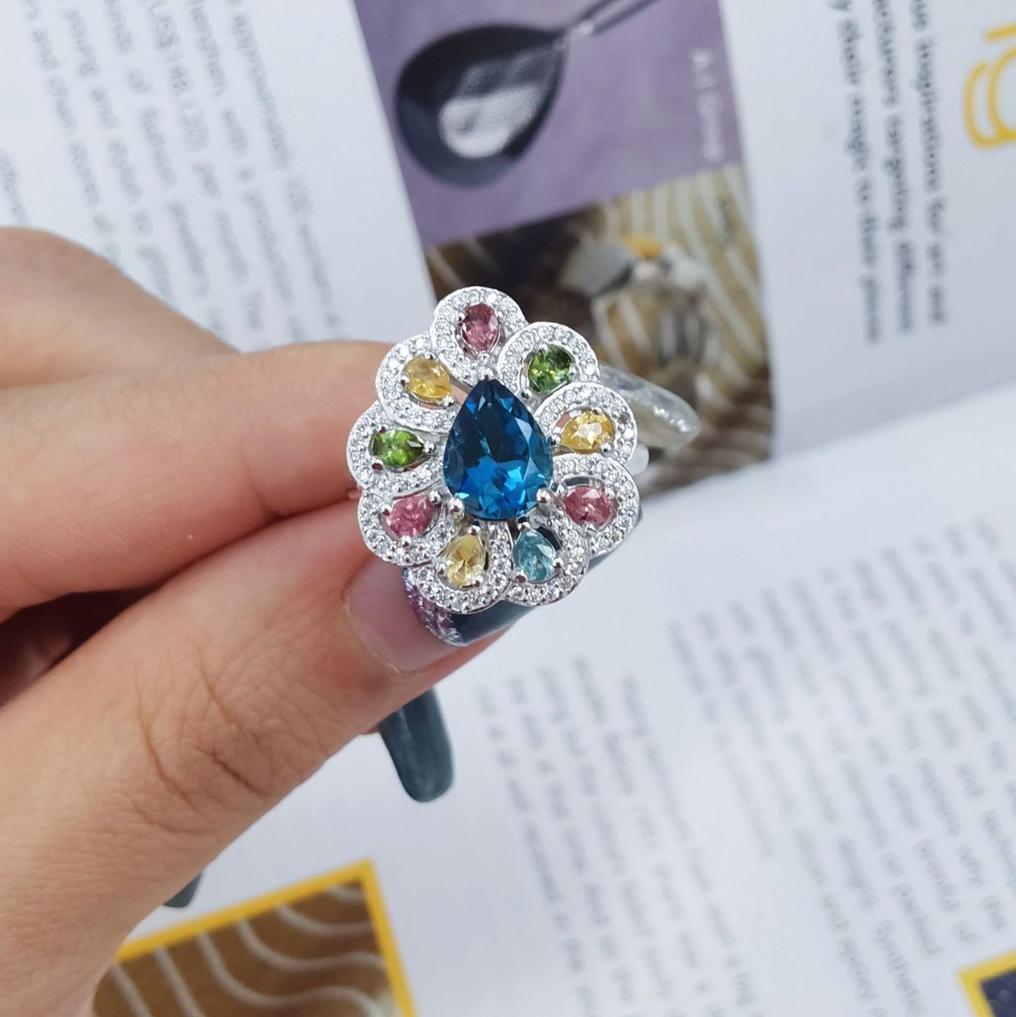Rhodium Plated 925 Sterling Silver Natural London Blue Topaz Flower Ring