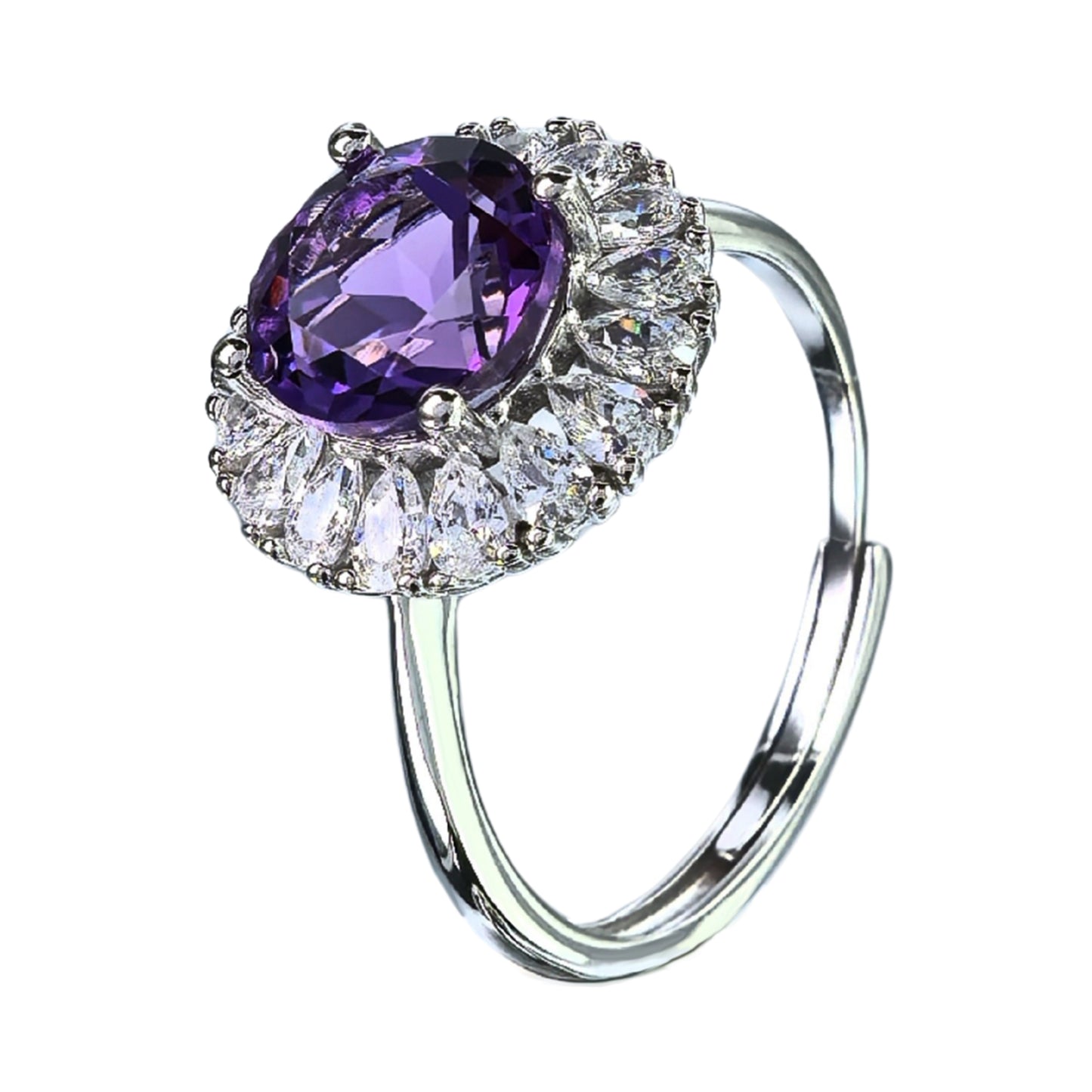Sparkling Rhodium Plated 925 Silver Jewelry Natural Amethyst Flower Ring