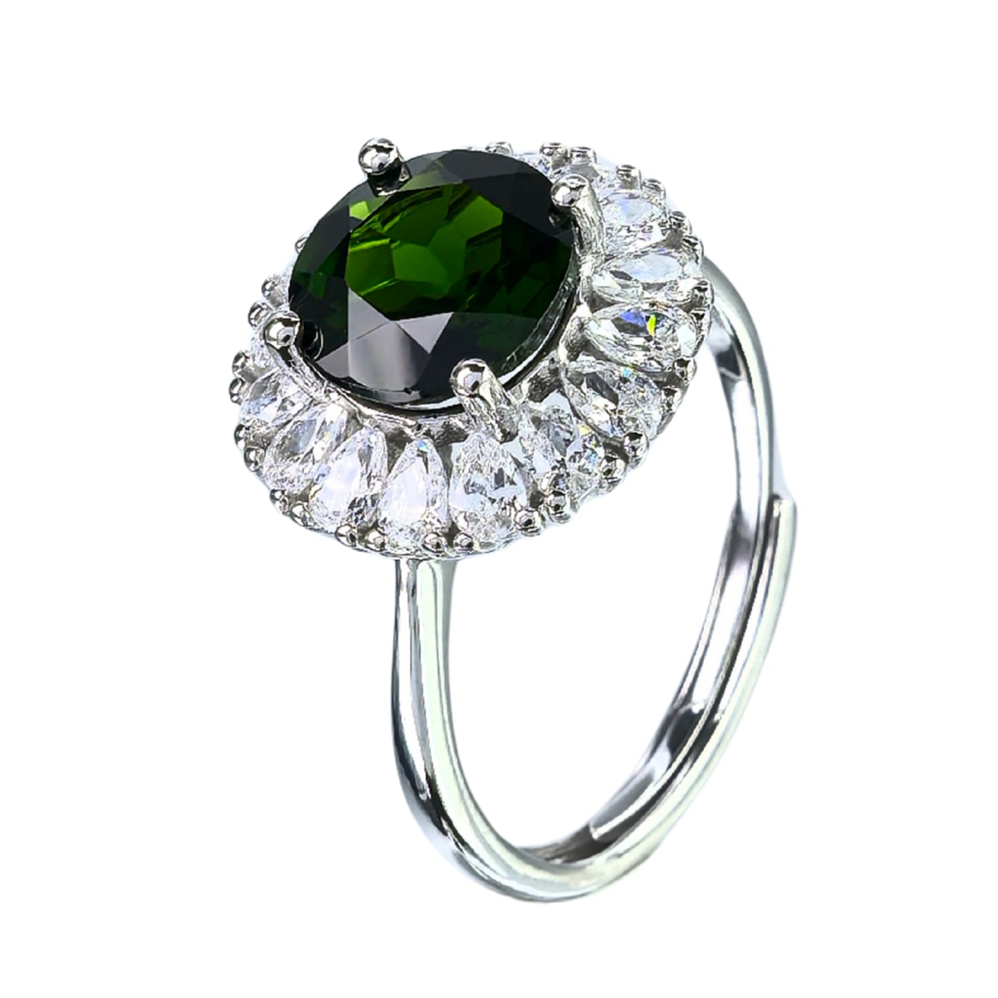 Sparkling Rhodium Plated 925 Silver Jewelry Natural Diopside Flower Ring