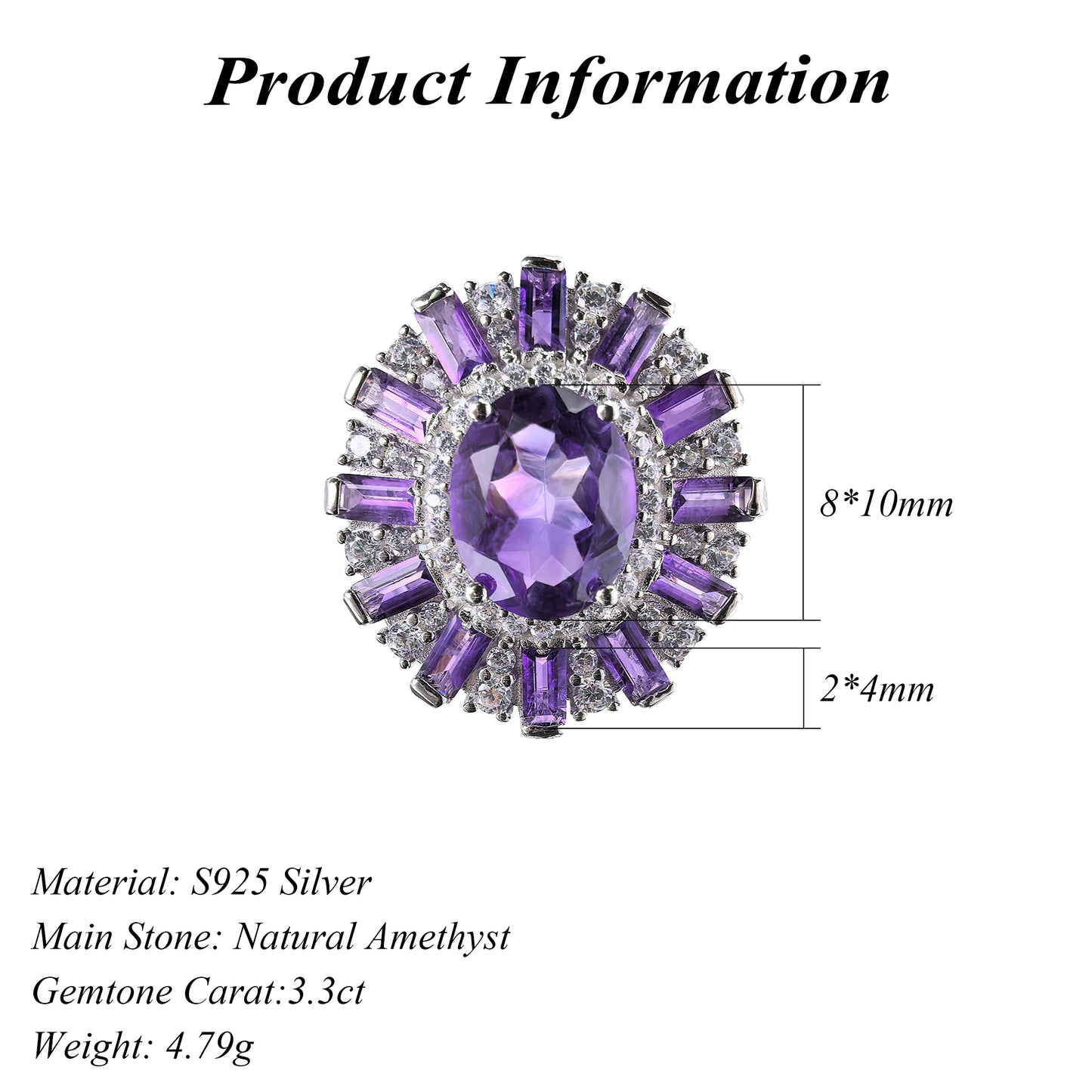 Vintage Rhodium Plated 925 Silver Jewelry Natural Amethyst Ring