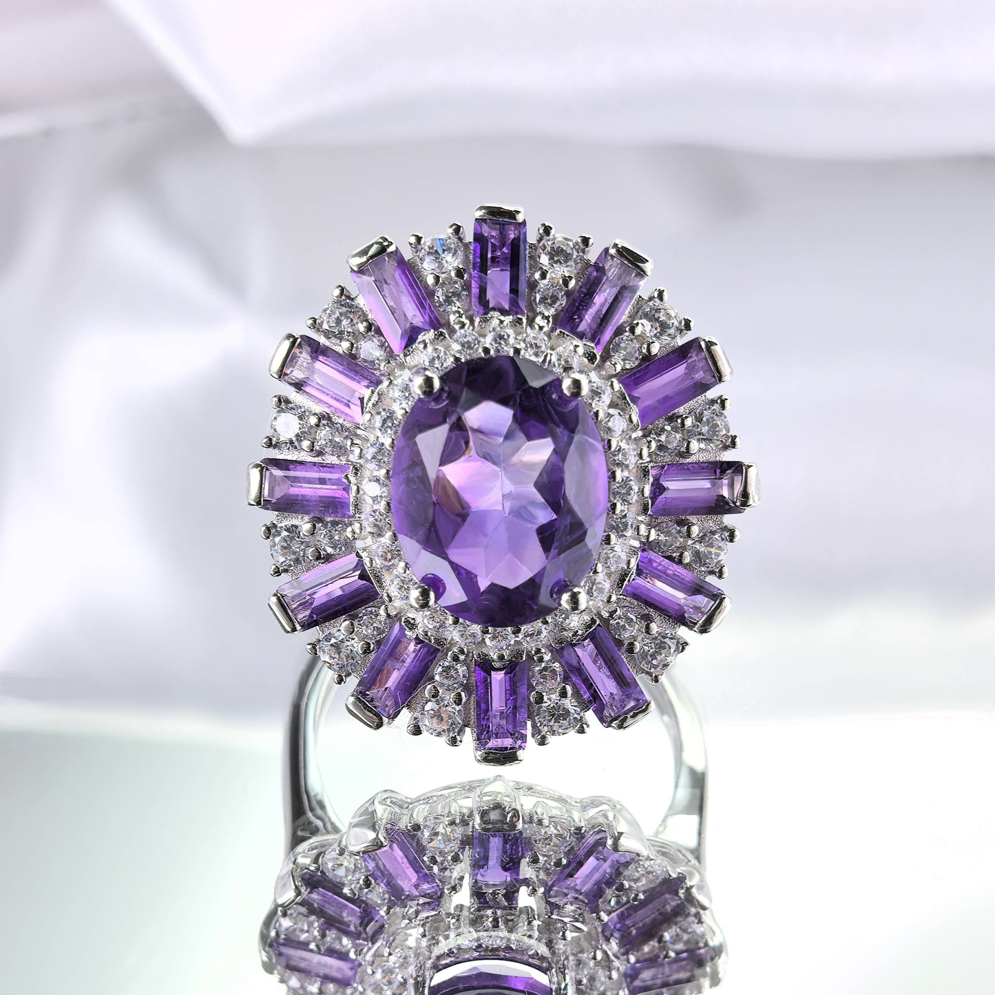 Vintage Rhodium Plated 925 Silver Jewelry Natural Amethyst Ring