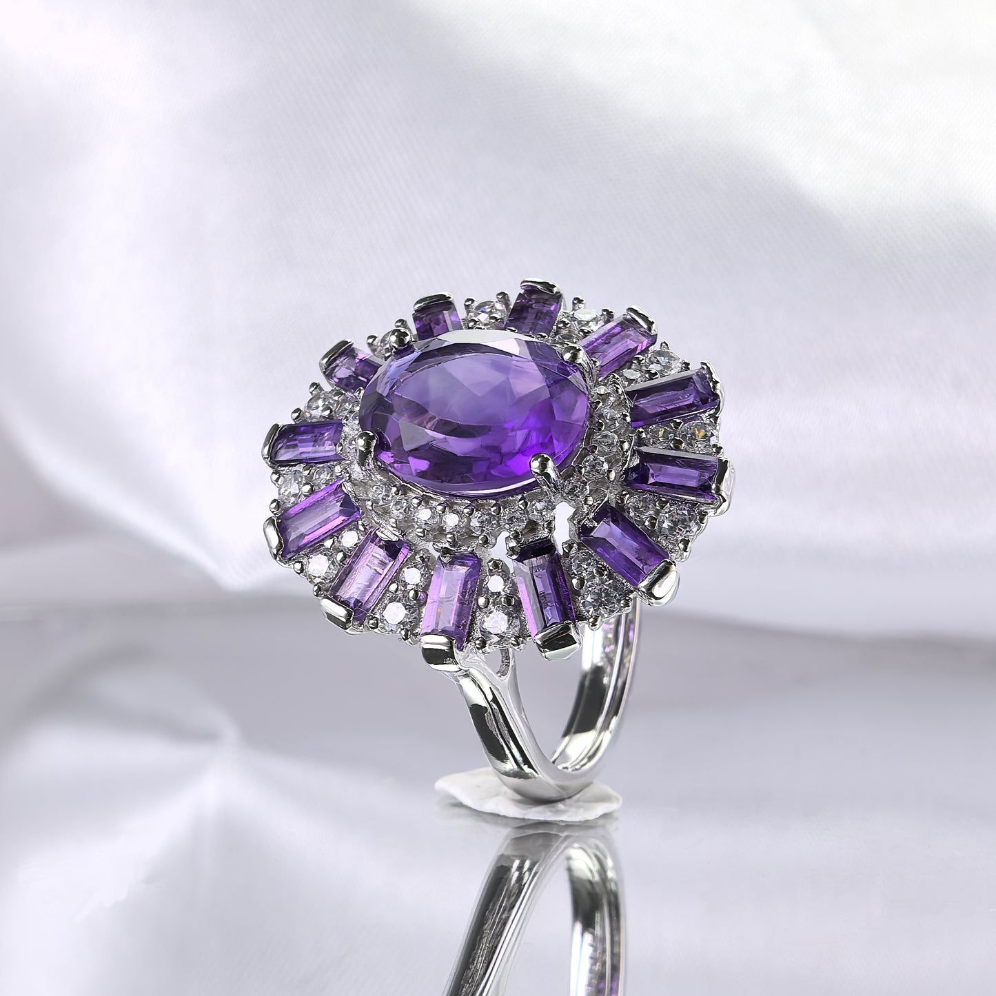 Vintage Rhodium Plated 925 Silver Jewelry Natural Amethyst Ring