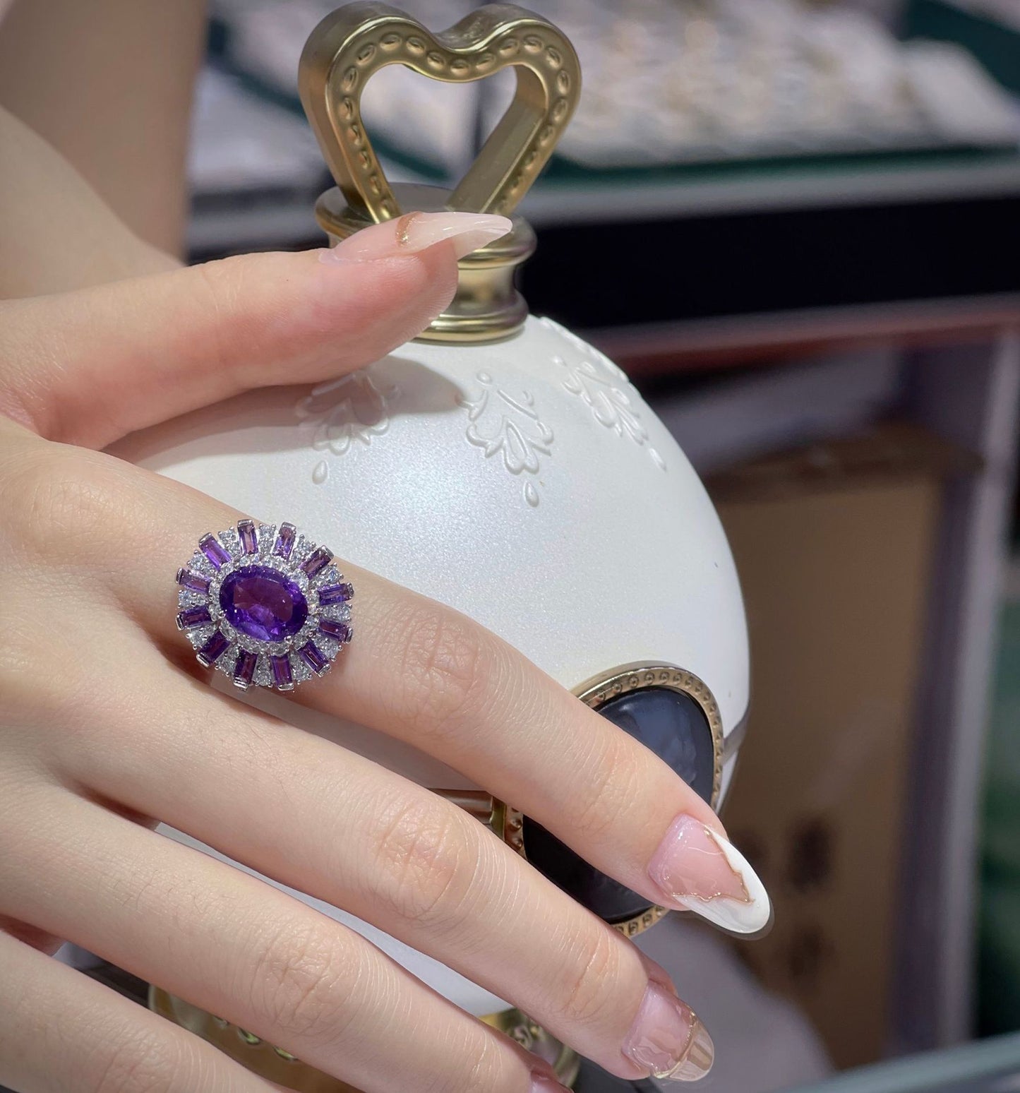 Vintage Rhodium Plated 925 Silver Jewelry Natural Amethyst Ring