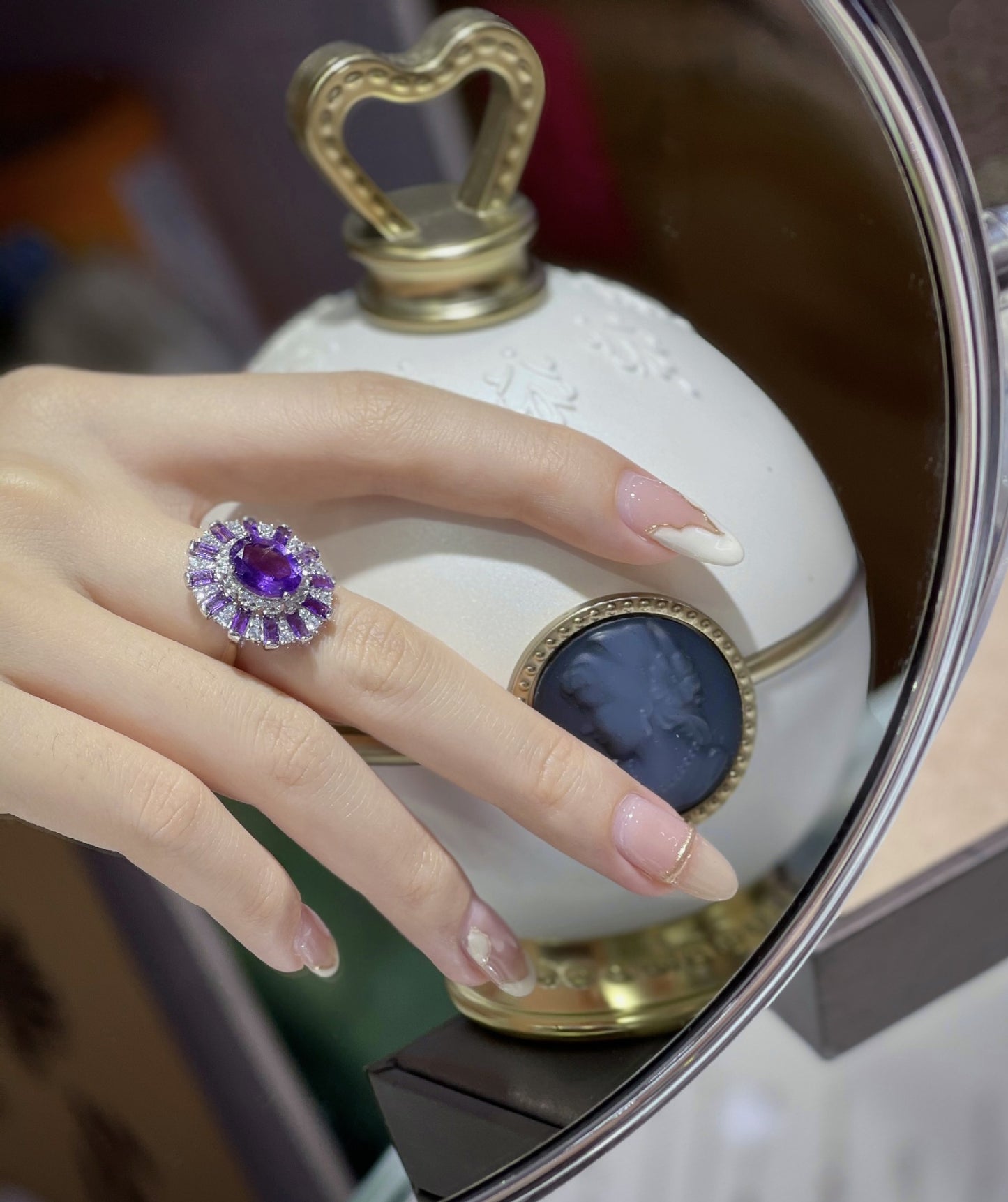 Vintage Rhodium Plated 925 Silver Jewelry Natural Amethyst Ring