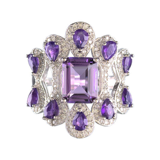 Handcrafted Rhodium Plated 925 Sterling Silver Natural Amethyst Ring
