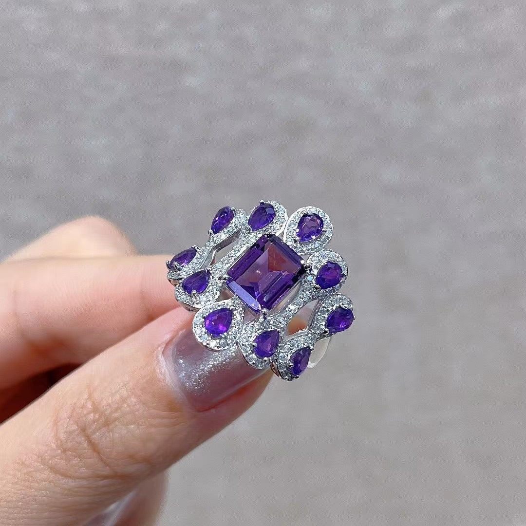 Handcrafted Rhodium Plated 925 Sterling Silver Natural Amethyst Ring