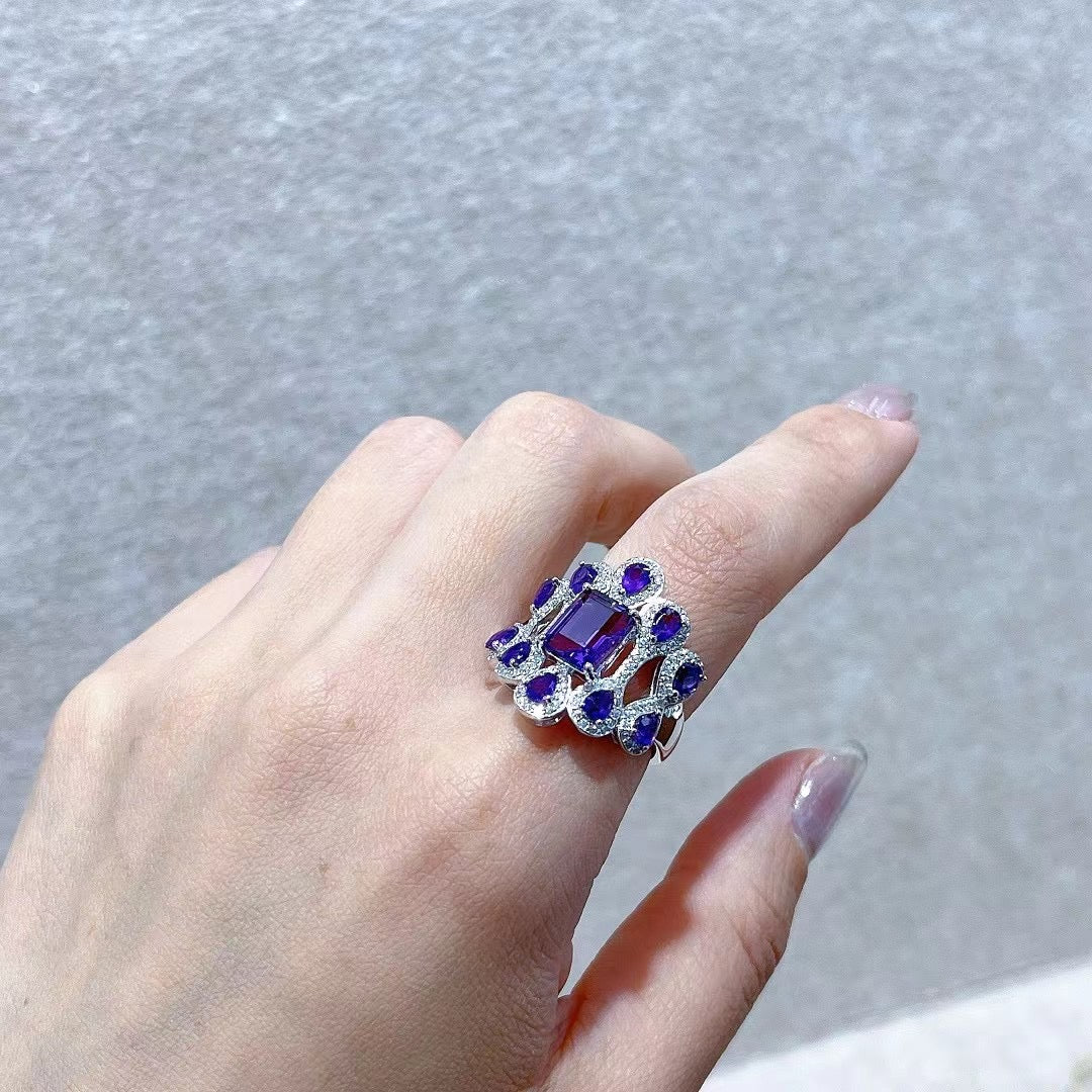 Handcrafted Rhodium Plated 925 Sterling Silver Natural Amethyst Ring