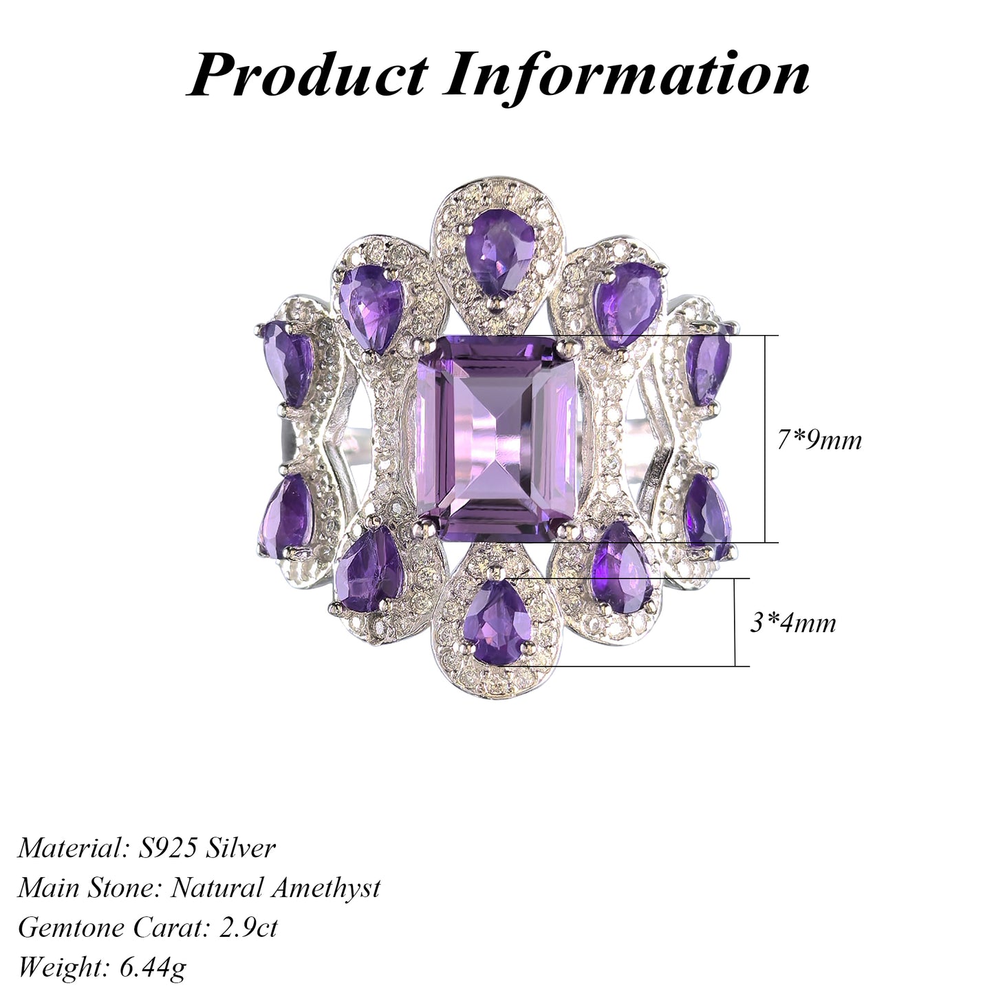 Handcrafted Rhodium Plated 925 Sterling Silver Natural Amethyst Ring