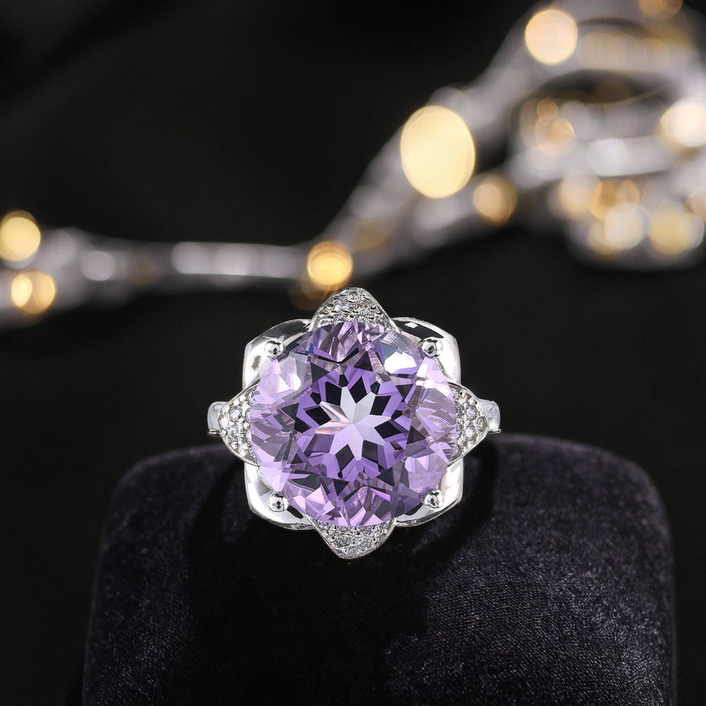 Gorgeous Rhodium Plated Silver 925 Natural Amethyst Flower Ring