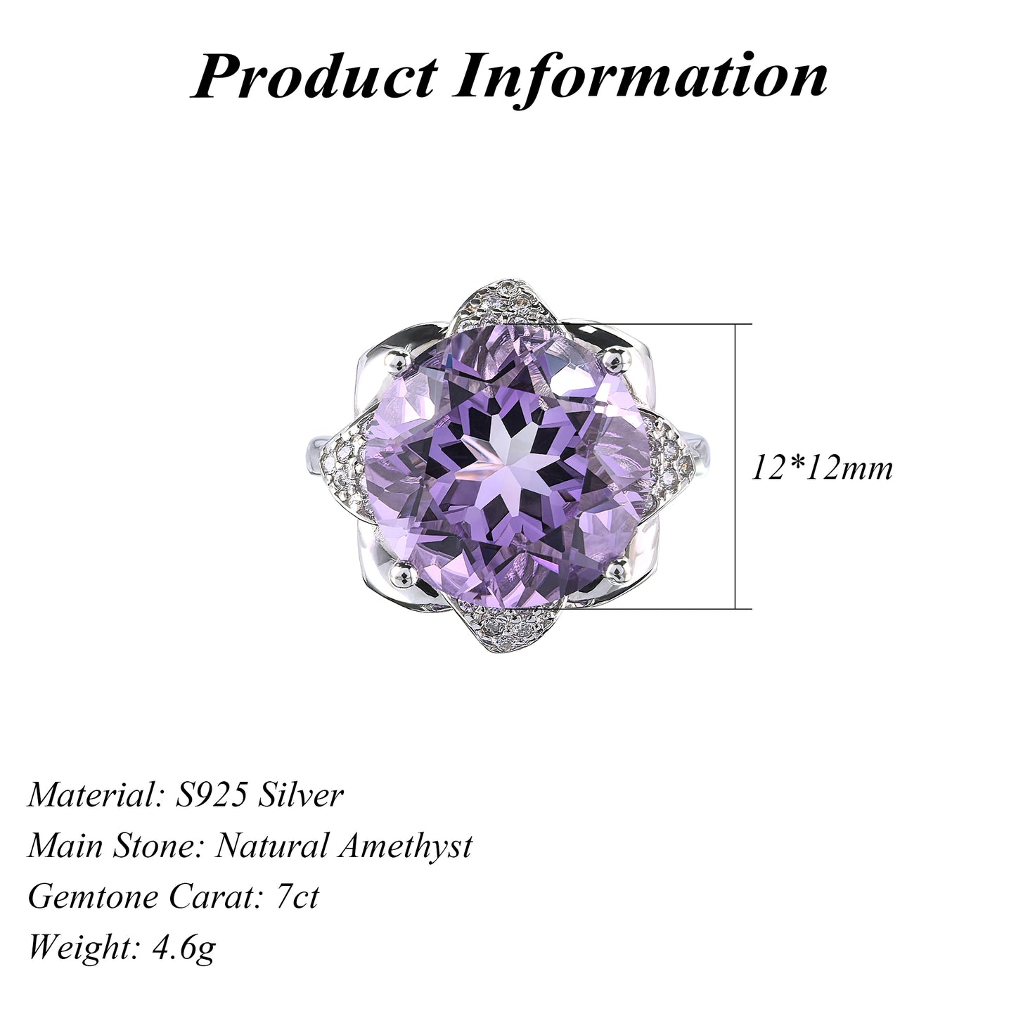 Gorgeous Rhodium Plated Silver 925 Natural Amethyst Flower Ring