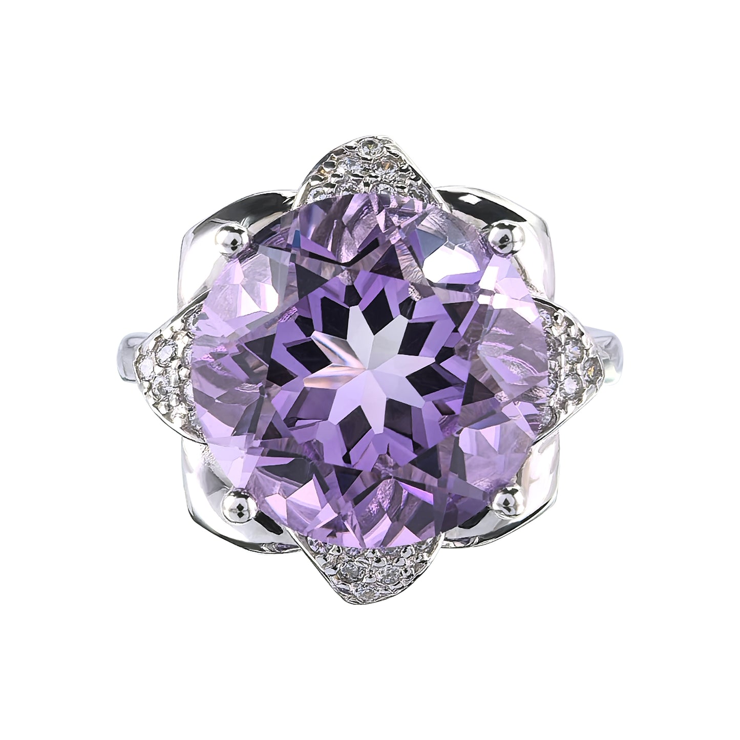 Gorgeous Rhodium Plated Silver 925 Natural Amethyst Flower Ring