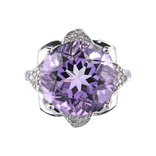 Gorgeous Rhodium Plated Silver 925 Natural Amethyst Flower Ring