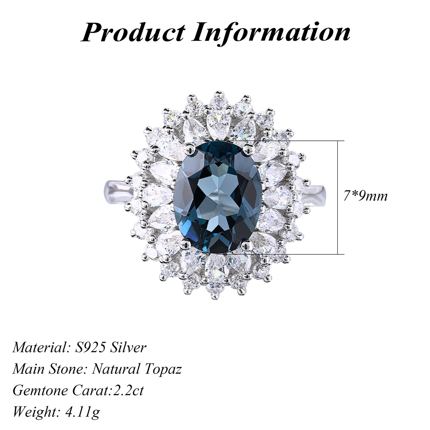 Sparkling Rhodium Plated Sterling Silver 925 Jewellery Natural London Blue Topaz Ring