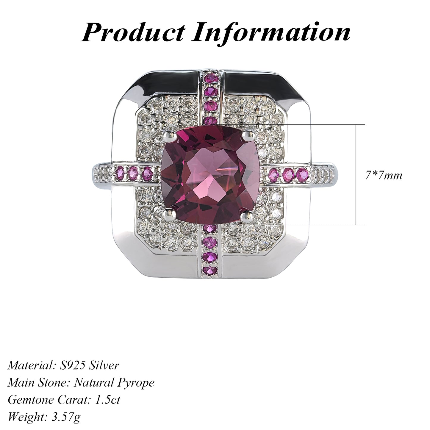 Unique Brilliant Cut 925 Sterling Silver Natural Pyrope Ring