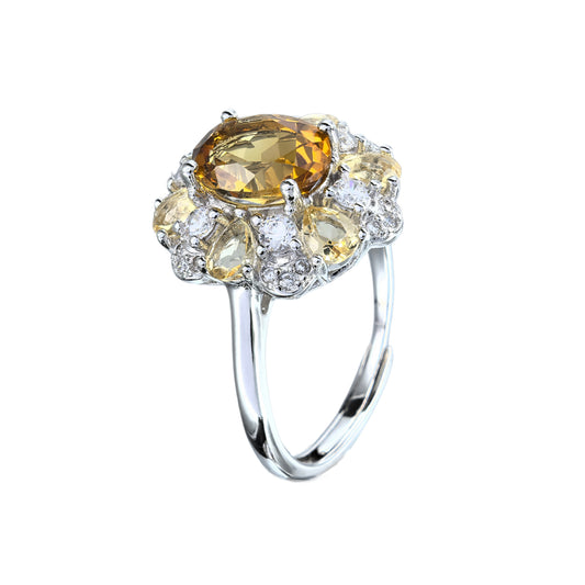 Brilliant Rhodium Plated 925 Silver Natural Citrine Oval Cut Gemstone Ring