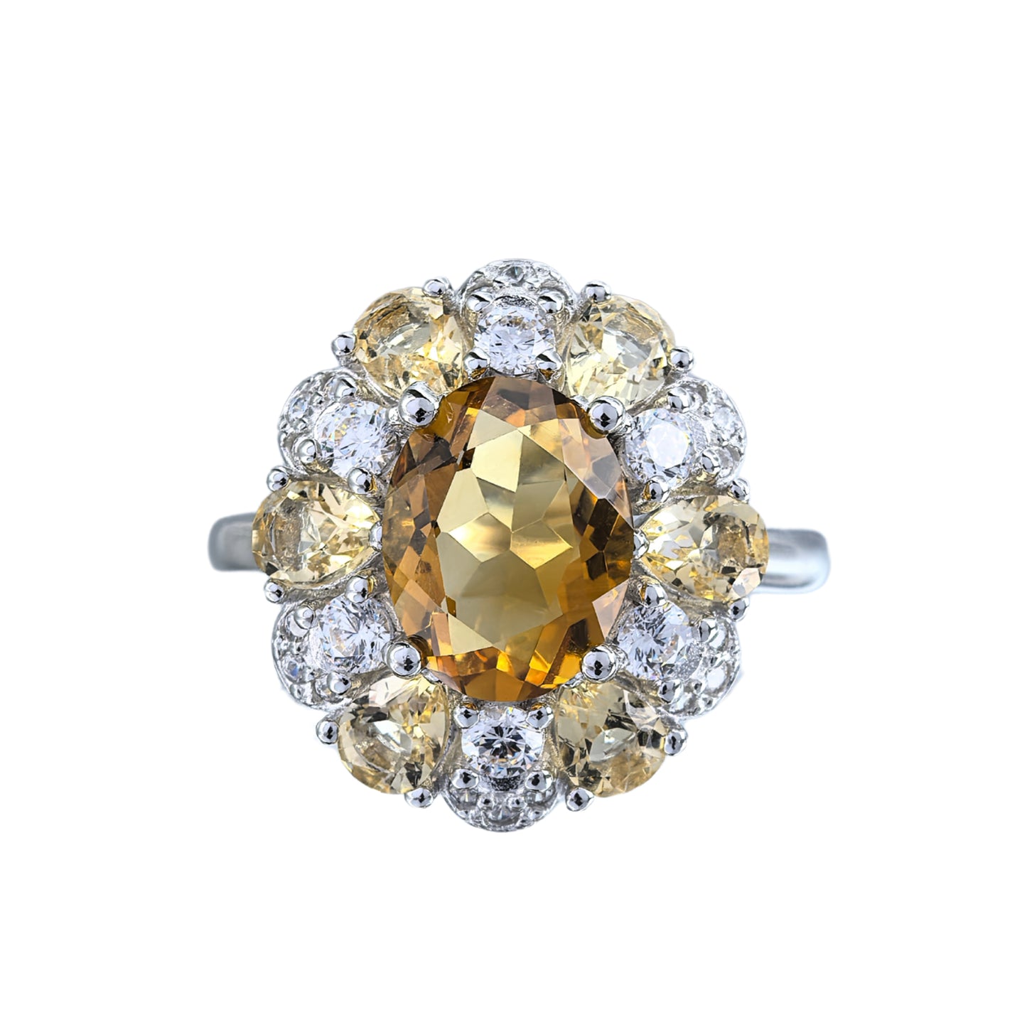 Brilliant Rhodium Plated 925 Silver Natural Citrine Oval Cut Gemstone Ring