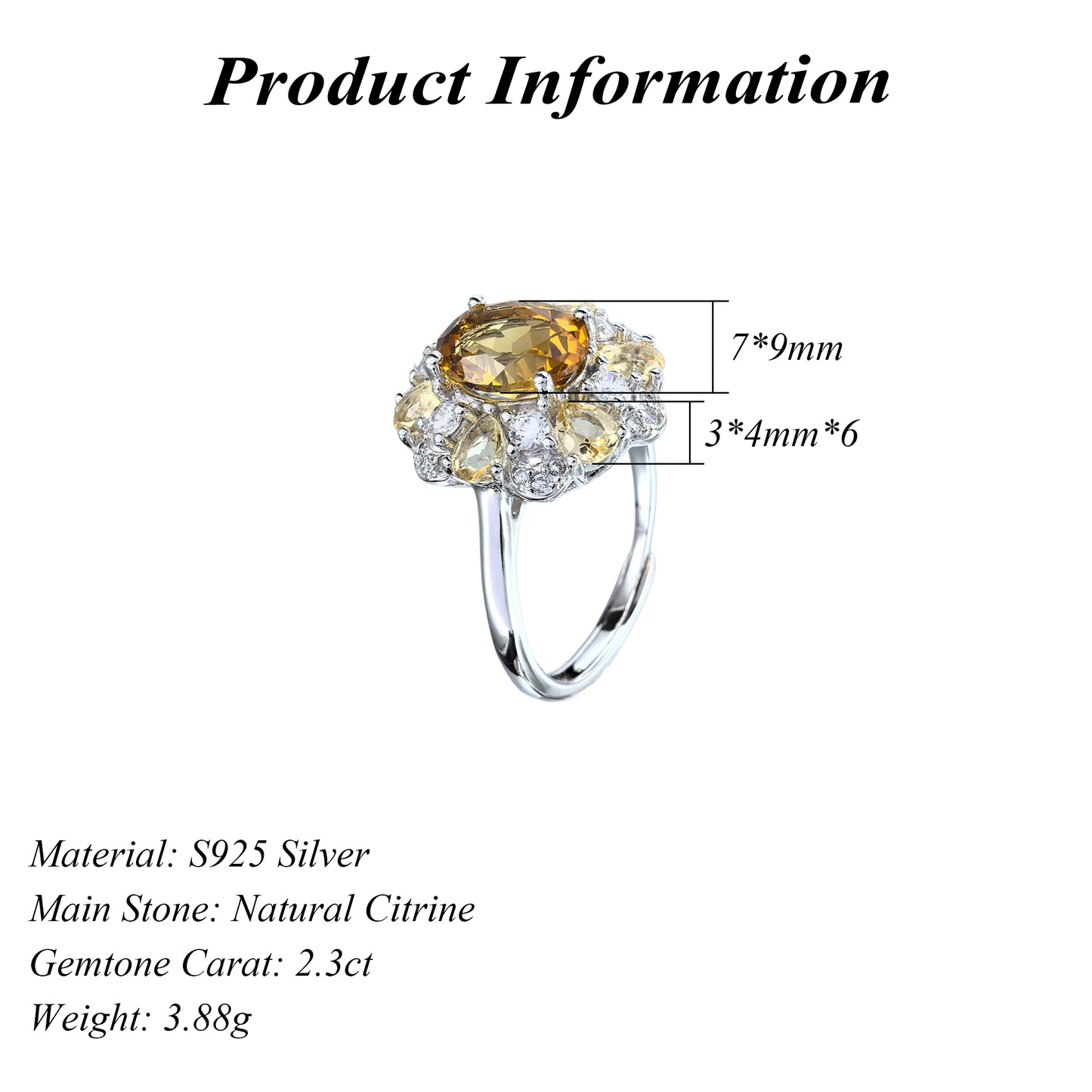 Brilliant Rhodium Plated 925 Silver Natural Citrine Oval Cut Gemstone Ring