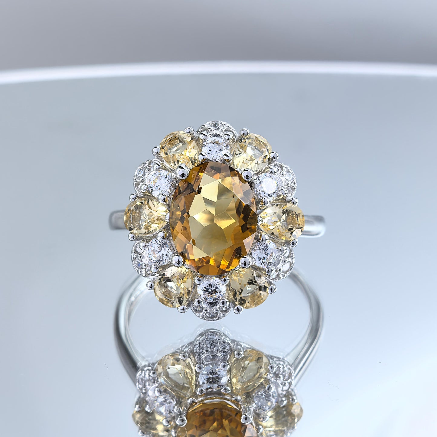 Brilliant Rhodium Plated 925 Silver Natural Citrine Oval Cut Gemstone Ring