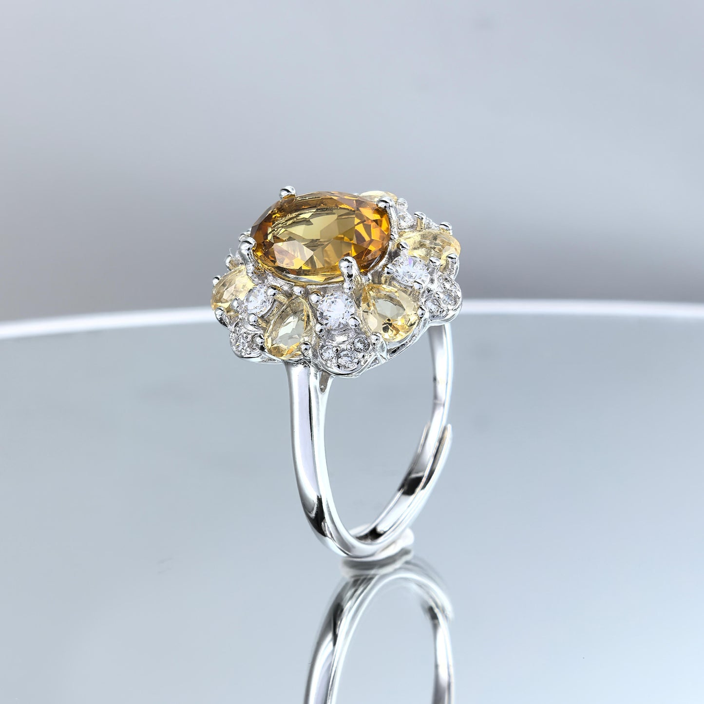 Brilliant Rhodium Plated 925 Silver Natural Citrine Oval Cut Gemstone Ring