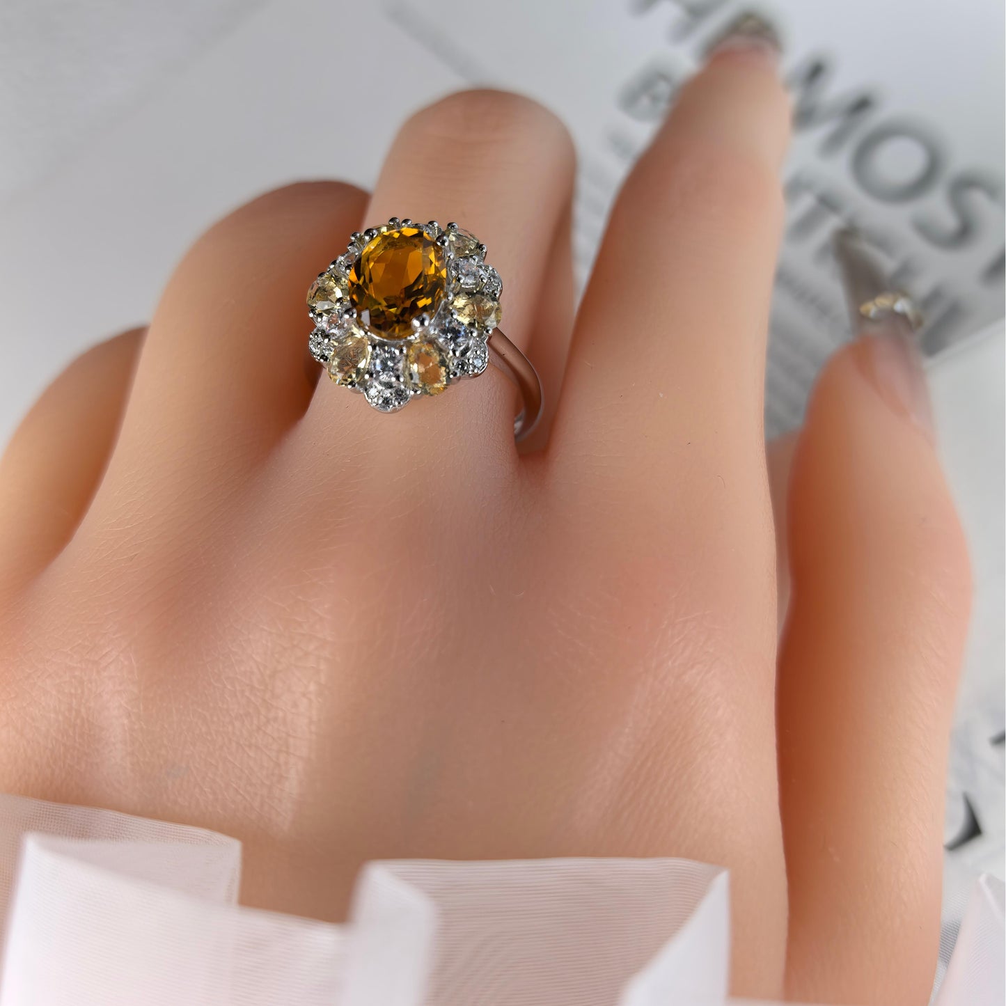 Brilliant Rhodium Plated 925 Silver Natural Citrine Oval Cut Gemstone Ring
